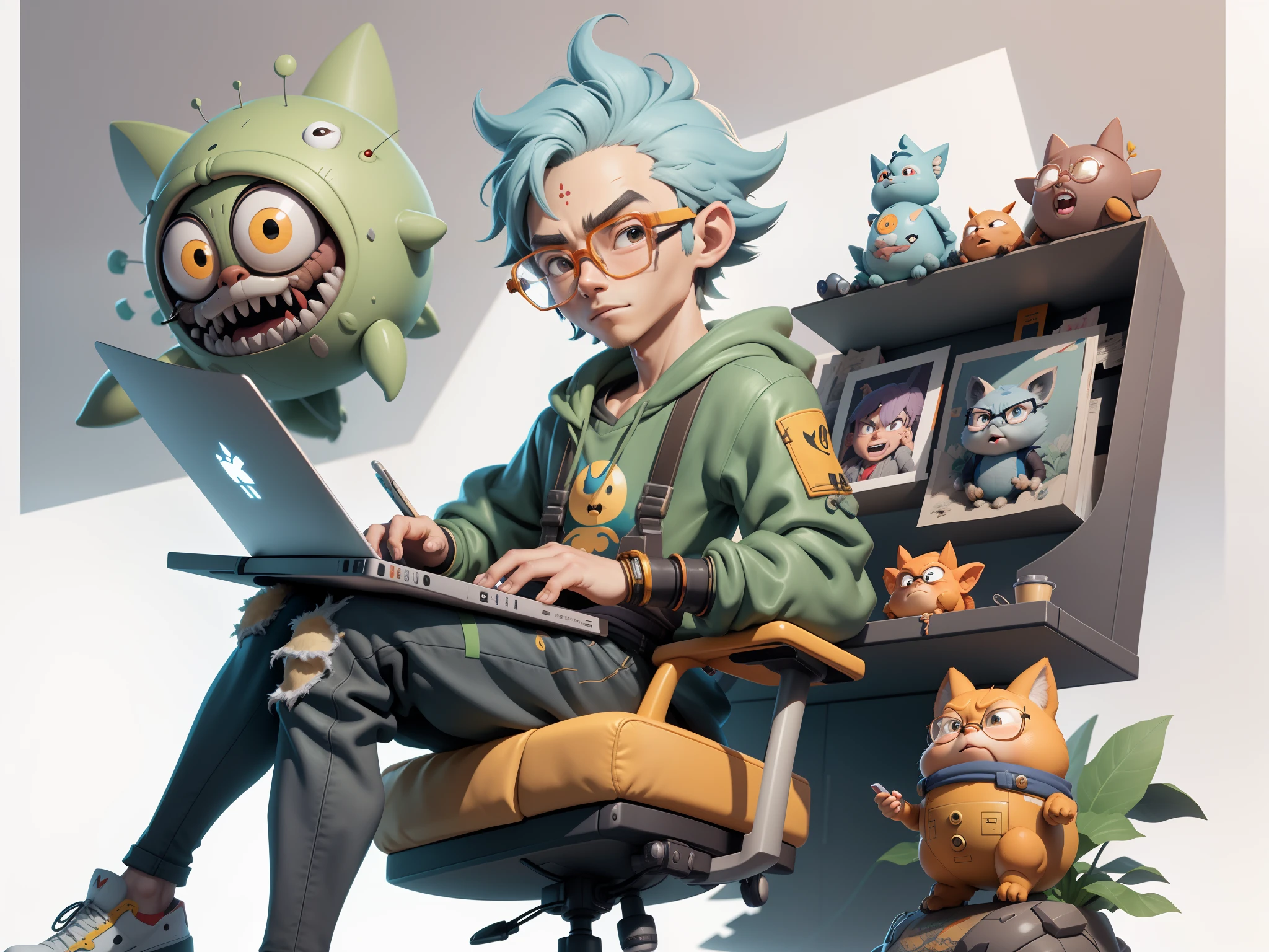 A young man with glasses sits at his desk,holding laptop,digitial painting,3D character design by Mark Clairen and Pixar and Hayao Miyazaki and Akira Toriyama,4K HD illustration,Very detailed facial features and cartoon-style visuals。