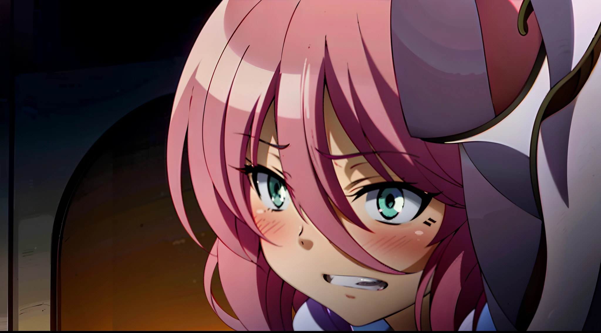 Anime girl with pink hair and green eyes looking out the window, she has a cute expressive face, screenshot from the anime film, mirai nikki, Today's featured anime stills, still from tv anime, in the anime film, sakura haruno, close up of a young anime girl, animated still, anime girl named lucy, cunning expression, anime movie screenshot