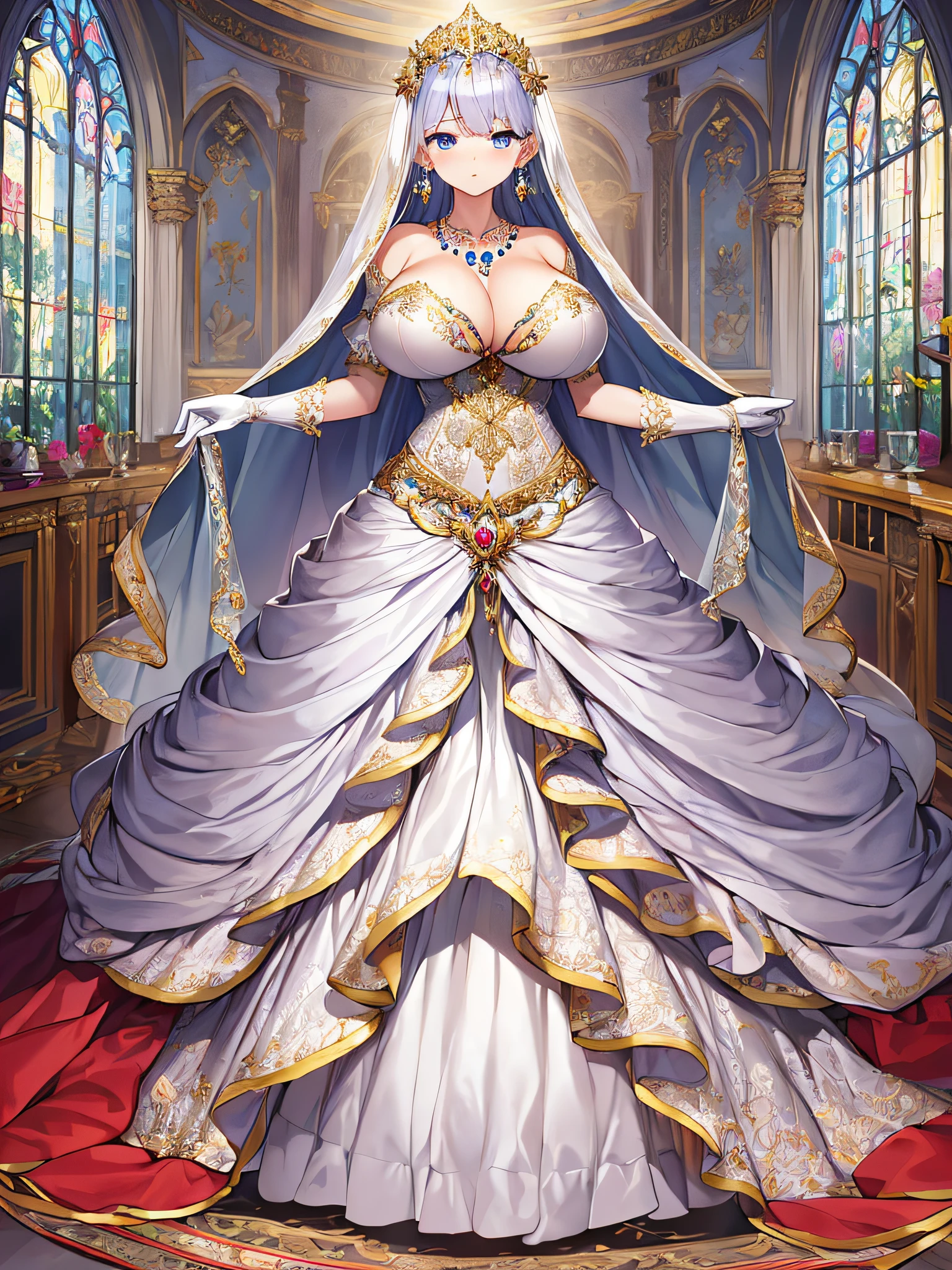 ((anime artstyle)),Best quality, Masterpiece,Solo,(full body),1 princess wearing a stately and elaborate royal wedding dress of white satin and tulle adorned with voluminous hoopskirt,crinoline,(gigantic tits,Long tits,skindentation),(large amount of straight hair,extremely Long voluminous Hair),lace, frills,gorgeous embroidery and jewels, with enormous puffed sleeves, long train, long white gloves,  jeweled necklace and  jeweled earrings,long wedding veil