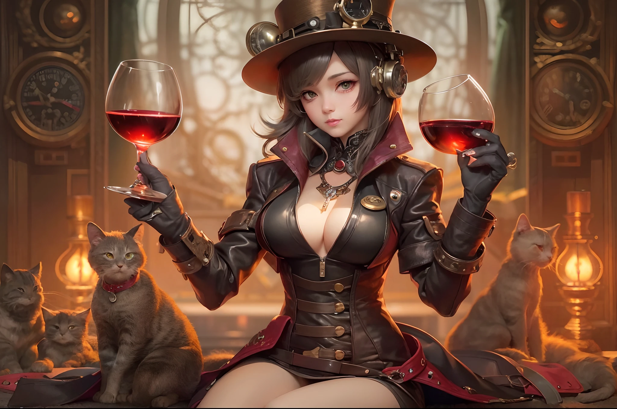 there 1 woman in a cat suit holding a glas of red wine, steampunk catgirl, candle light, steampunk beautiful anime woman, smal breasts, Art Deco, wlop and sakimichan, ruan jia and artgerm, range murata and artgerm, artwork in the style of guweiz, masayoshi suto and artgerm, like lady mechanika
