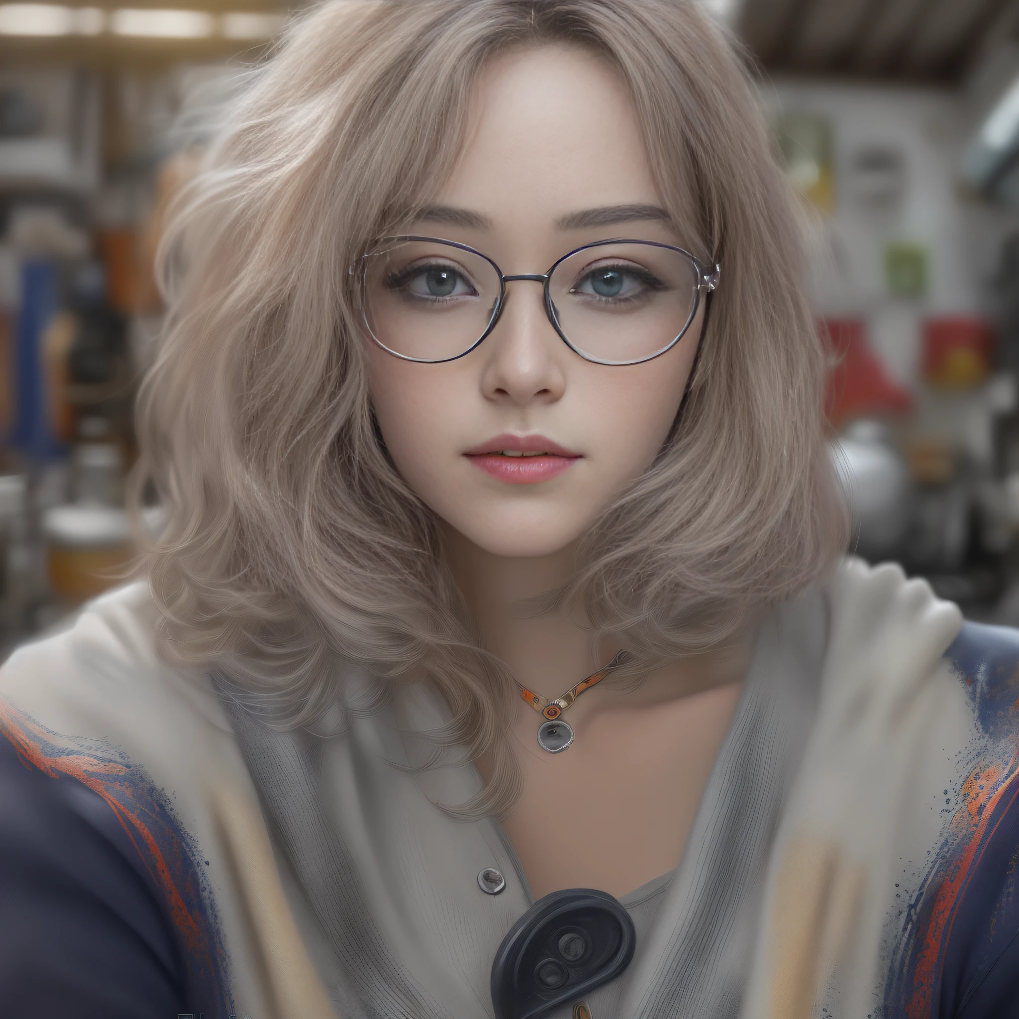 (((beauty with glasses, European appearance, in full height, Wearing the artist's clothes))) (((hair light, European eye shape))), average breasts, Short hair, bob hair cut, ((In the garage, dope, nipple tassels, canvas, Unfinished paintings))), 8K, Best quality, Real picture, Intricate details, Ultra-detailed, 超高分辨率, Depth field, (Photorealistic, Realistic:1.2), Masterpiece, (Supergirl), Superhero, Best quality, Realistic, Photorealistic, (Intricate details:1.2), (细腻细致), (电影灯光), sharp-focus, Realistic face, Detailed face, Wallpapers,(Close-up shot),(facial closeups),((Close-up of glasses)),Glasses should have a metallic sheen