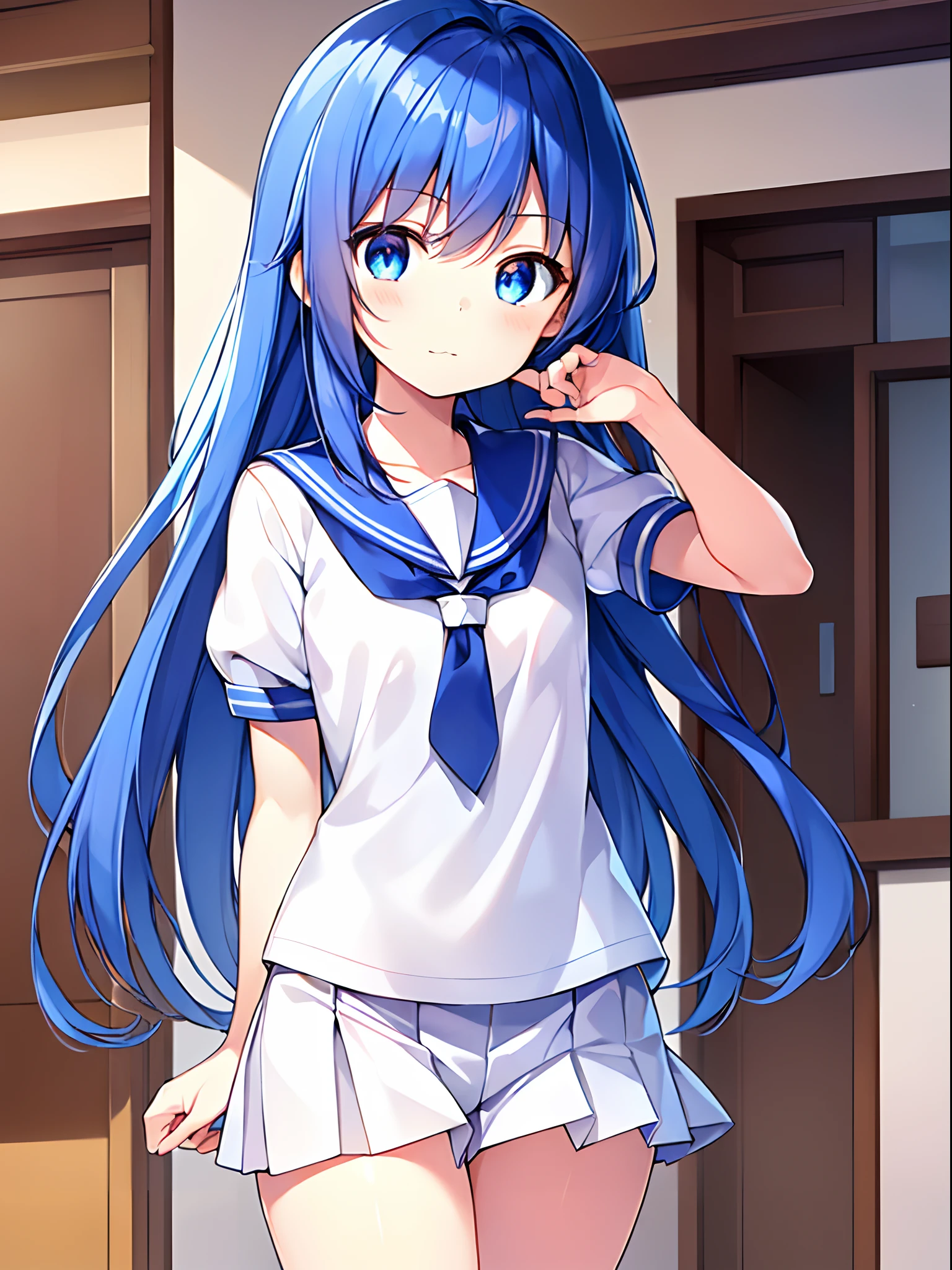 (((The ultra -The high-definition))), (((An ultra-high picture quality))), 独奏, One girl, Very cute, Moe Anime Style, Delicat eyes, (Little Girl:1.5), (very modest chest:1.3), (saturated blue hair:1.2), (Straight long hair:1.2), (Long straight sideburns:1.1), (blue eyess:1.2), (A little sagging eyes:1.3), Smiled face, Big open mouth, Inside the school building, is standing, White sailor suit Short sleeve sailor suit, Separate sailor suit and skirt,