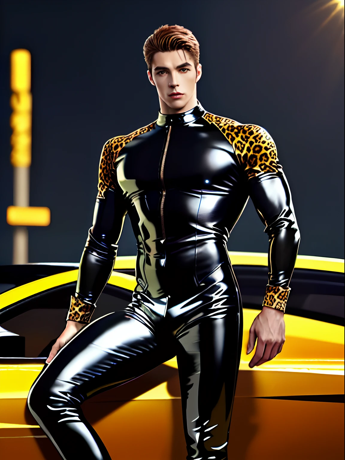 Man in a tight latex suit，Full body photo，Muscular body，Handsome，Riding boots，Leopard print