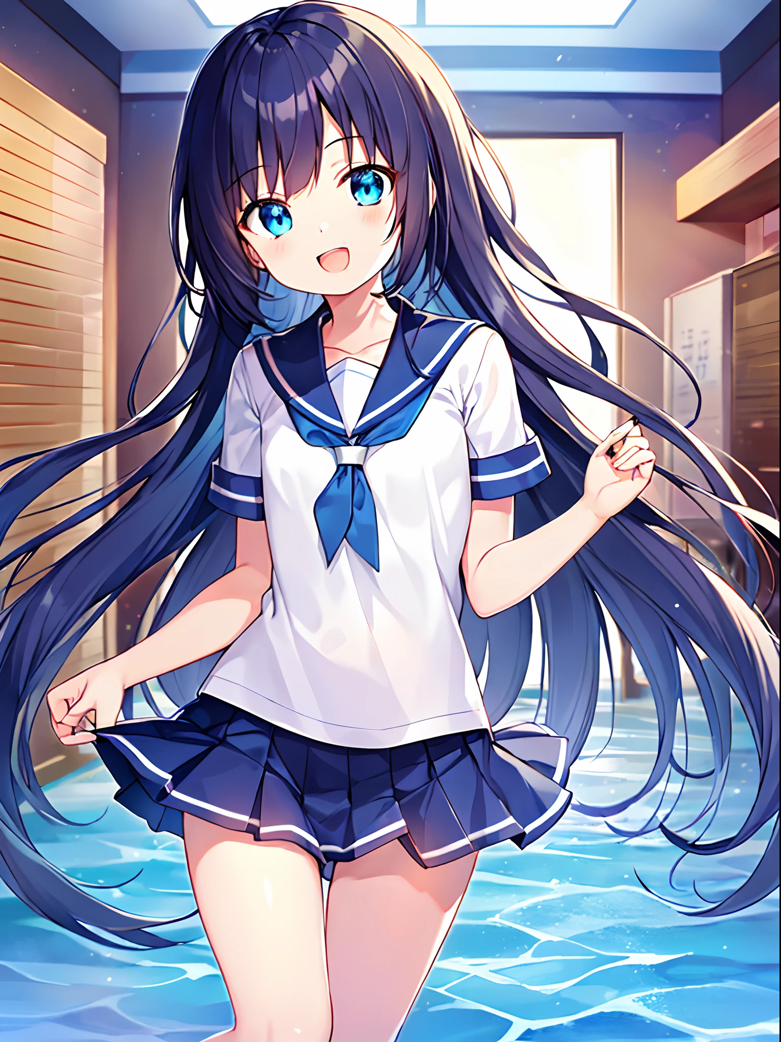 (((The ultra -The high-definition))), (((An ultra-high picture quality))), 独奏, One girl, Very cute, Moe Anime Style, Delicat eyes, (Little Girl:1.5), (very modest chest:1.3), (saturated blue hair:1.2), (Straight long hair:1.2), (Long straight sideburns:1.1), (blue eyess:1.2), (A little sagging eyes:1.3), Smiled face, Big open mouth, Inside the school building, is standing, White sailor suit Short sleeve sailor suit, Separate sailor suit and skirt,