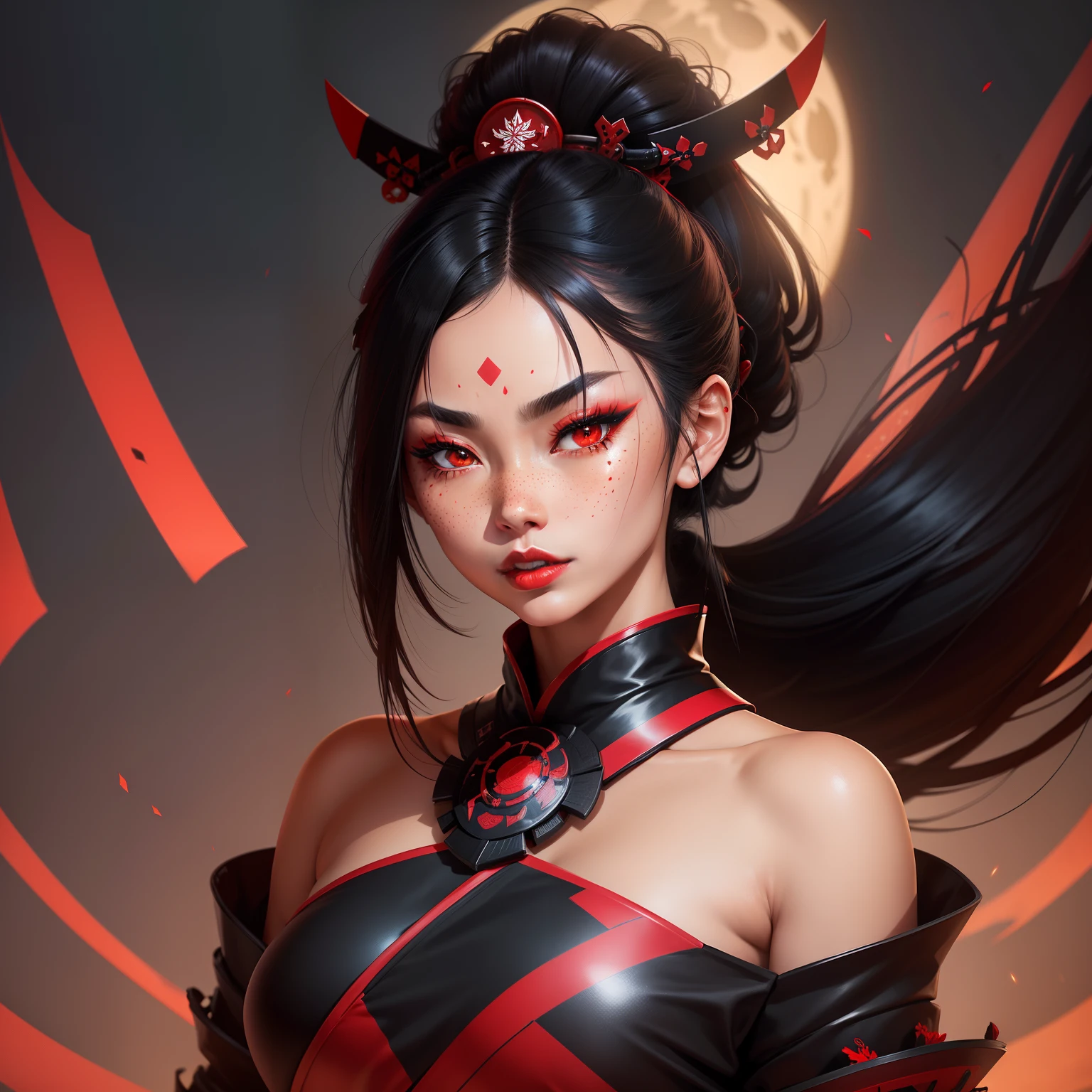 Female samurai warrior, jet black hair, dark skinned tanned, red black, bright moon, freckles on the face, red lipstick, full body, no extra hair, diamond shaped face, cover top, black eyeballs, geisha warrior, brown skinned