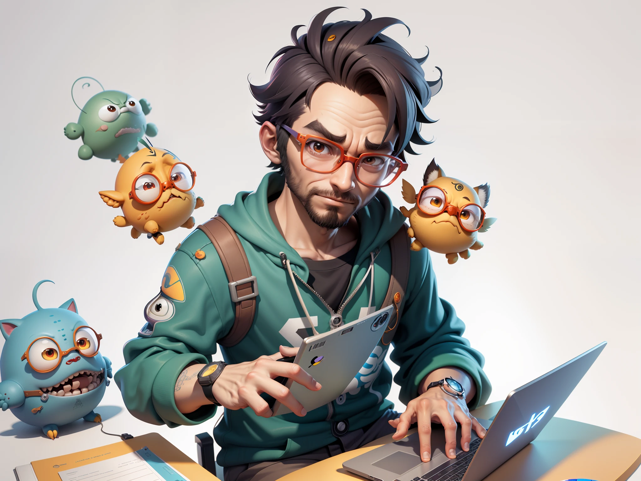 A young man with glasses sits at his desk，holding laptop，digitial painting，3D character design by Mark Clairen and Pixar and Hayao Miyazaki and Akira Toriyama，4K HD illustration，Very detailed facial features and cartoon-style visuals。