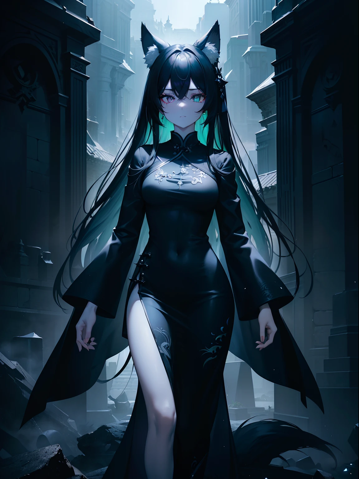 (Masterpiece, Best quality, ultra-high resolution), 1 girl, black cheongsam,fox ears, fox tail,black hair, beautiful and detailed face, detailed eyes, standing in front of a black stone obelisk with brilliant engravings, (dark ambient ),(gray,blue,green,black theme)