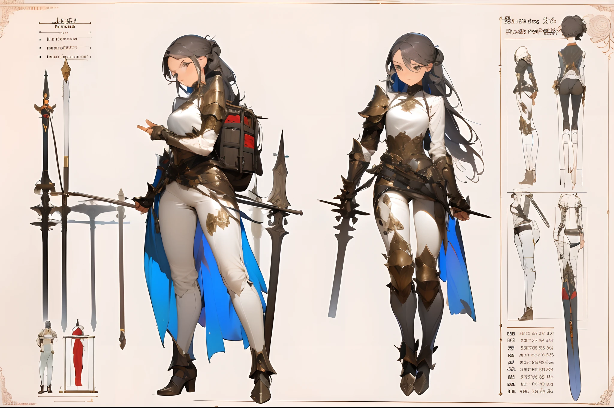 (masterpiece,best quality,absurdres,lineart:1.2),(character sheet:1.3),(same face:1.1),1girl,dynamic poses,medieval fantasy,accessories,(bulky backpack:1.1),spear,(dirty:1.2),armor,pants,youthful female soldier,white background, medieval, armored, rpg armor, detailed armor, fantasy cloth armor