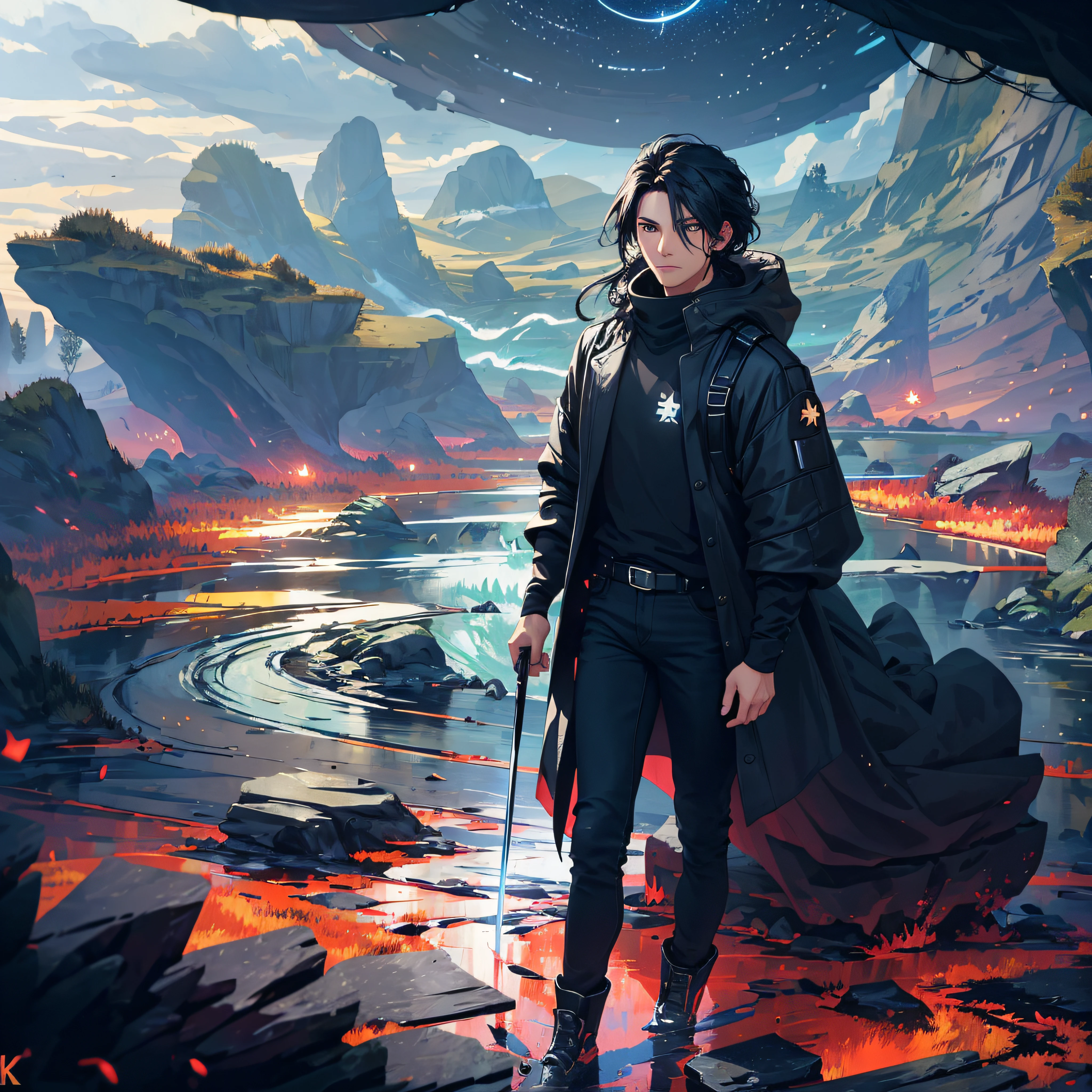 ((Best Quality, 8K, Masterpiece: 2)), landscape, morning shoot, star trail, standing young man with black hair, black jeans, look at the stars, amazing scenery, hundreds of stars forming a circle, light waves, center of city, futures, bring long sword, meteor fall in the sky.