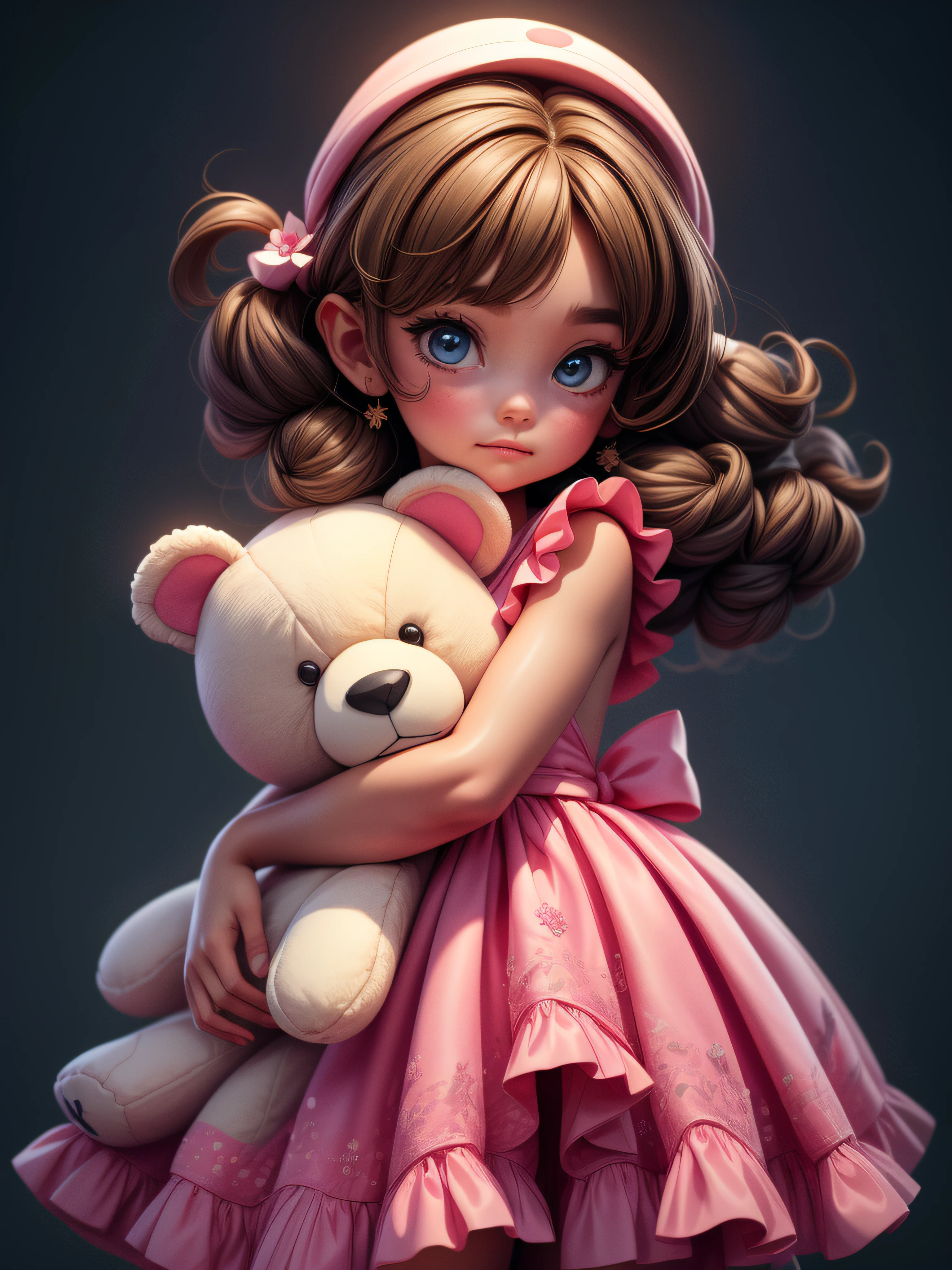 hugging a huge teddy bear, wearing frock, 8k,RAW photo, best quality, masterpiece, high detail RAW color photo, best quality, masterpiece, high detail RAW color photo,