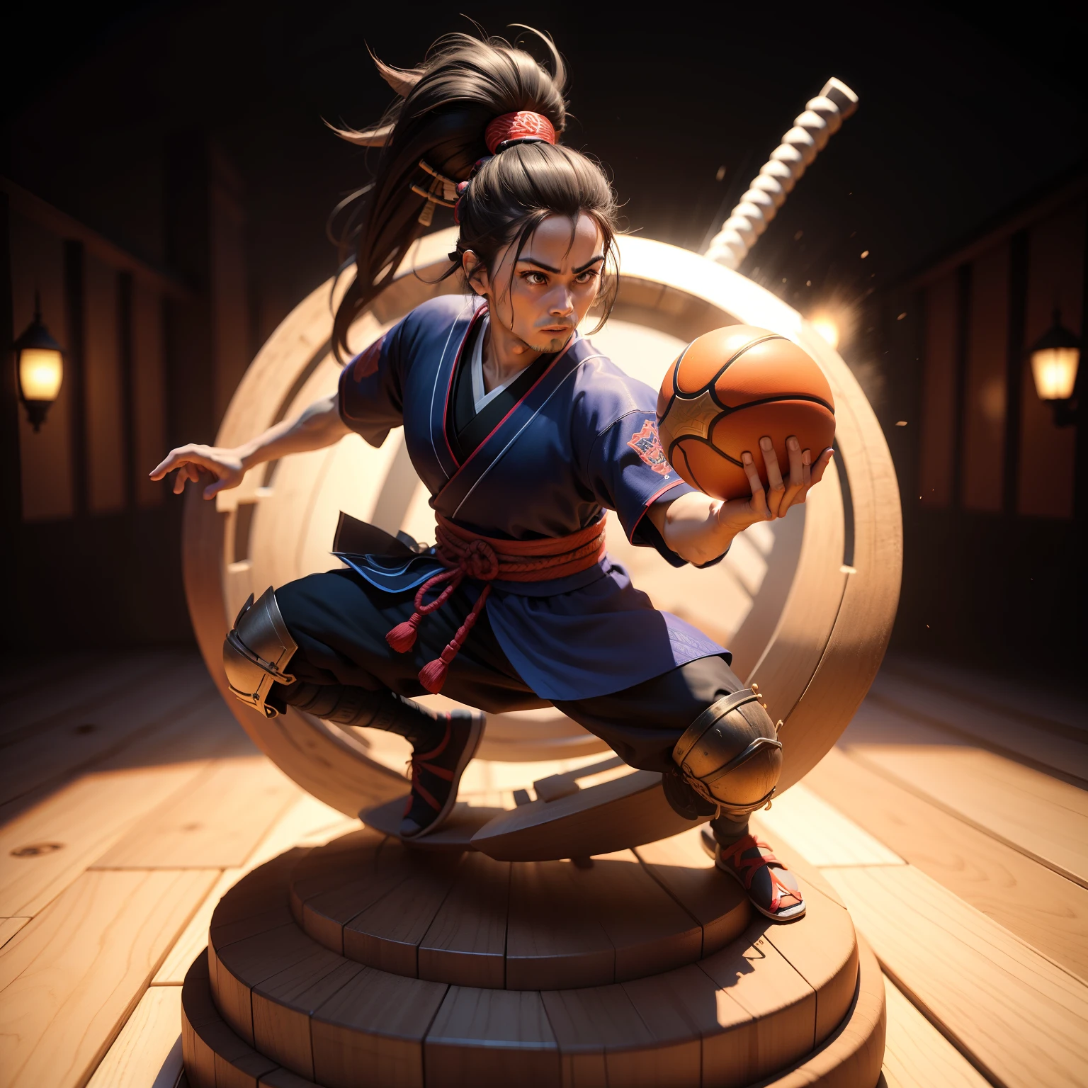 Um samurai com uma bola de basquete, 3d