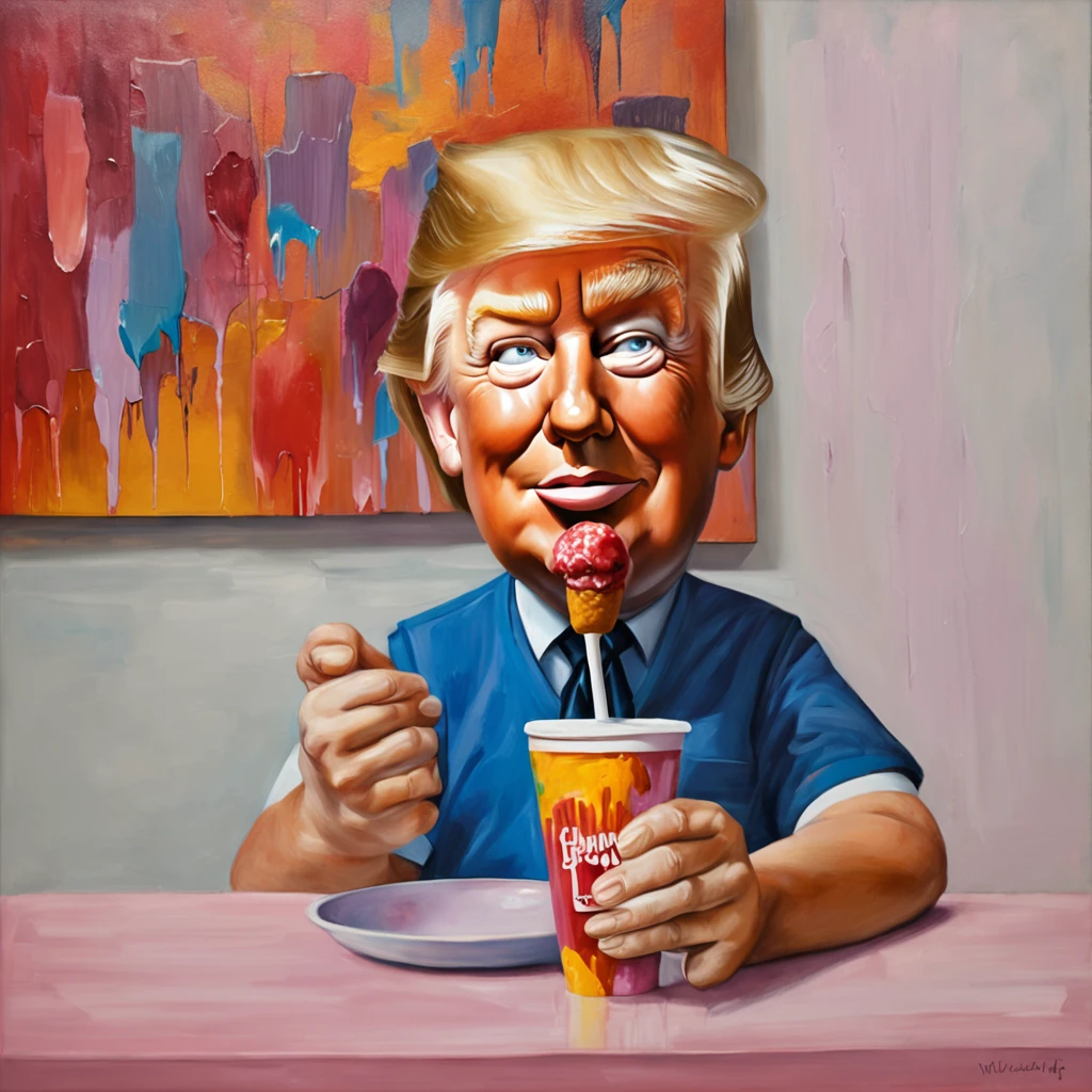 Realistic image of Donald Trump as a Cartoon; Boss Baby style eating a Blizzard Ice Cream in a Dairy Queen cup. Hyper realistic quality.