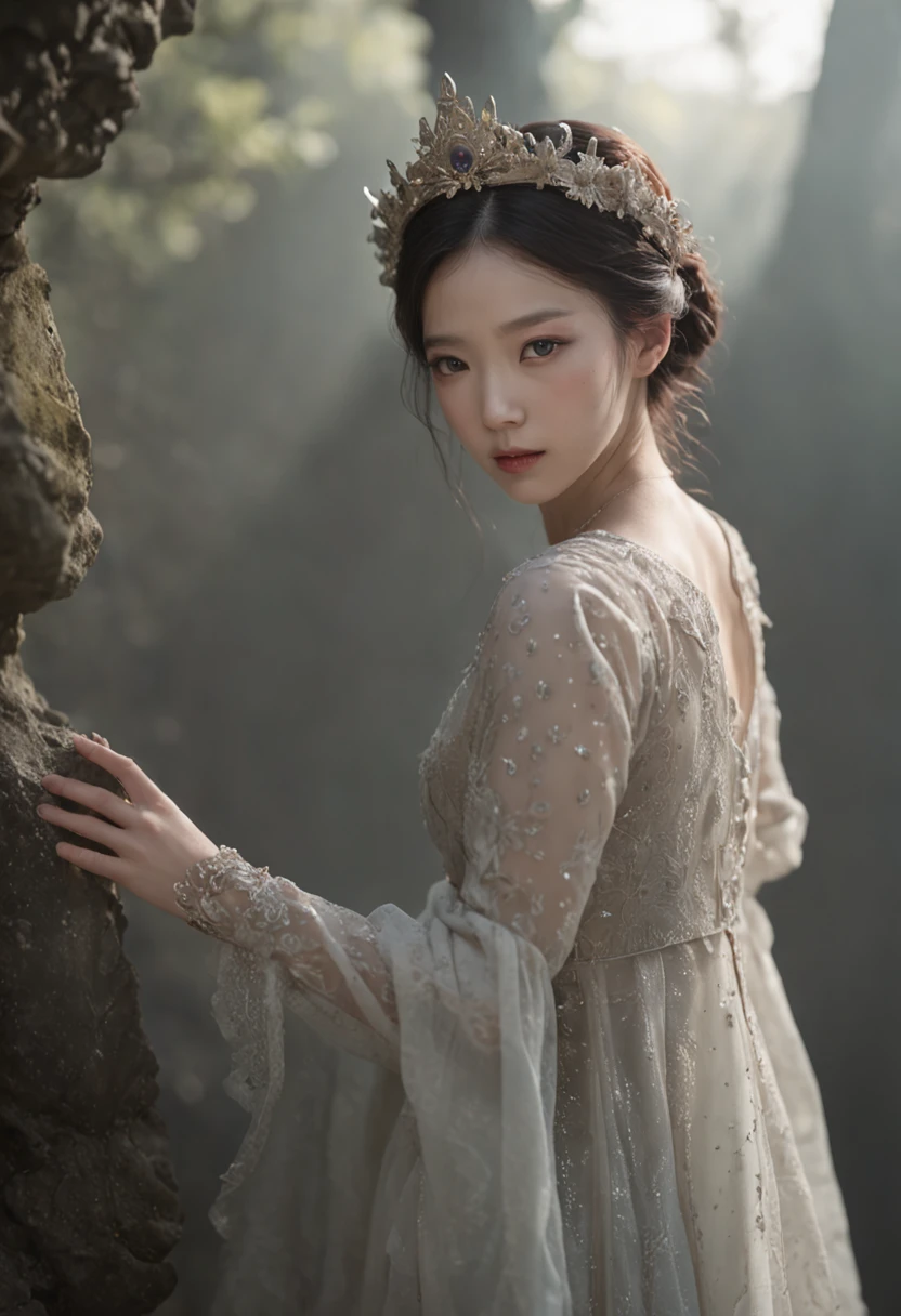 35mm, F/2.8, Incredibly hyper-detailed and intricately realistic, full body shot, A GREAT ABYSS IN THE DEPTHS, with WITH LITTLE LIGHTS COMING FROM BELOW, A KOREAN PRINCESS FALLS INTO THE DEPTHS, IN A BEAUTIFUL LIGHT, HAUNTINGLY ATTRACTIVE, BLACK COLOR, THE SURFACE IS LIKE A LARGE MIRROR
