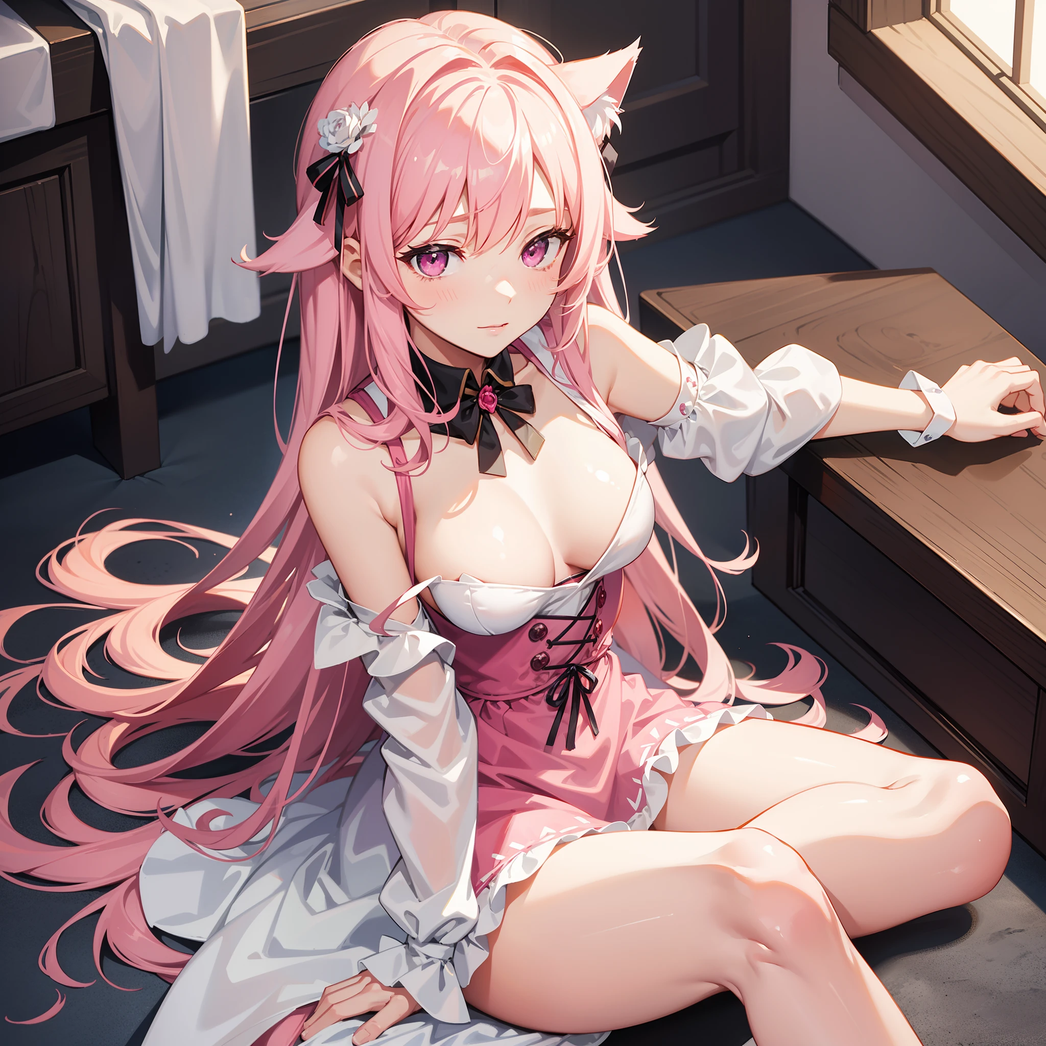 Best Quality, ultra precision, one girls, pink eyes, rose hair, Long hair ,Young, Cute, maiden, Maid costume, blusher, Natural smile, aged, The cat's ears are pink, small breasts, Look at yourself, cleavage, too, obedience, sitting, Sit gracefully, Put your hands between your legs, Shy, on a bed, scrounge, loving, As a younger sister, Sexy, NSFW, Seduce, R-18