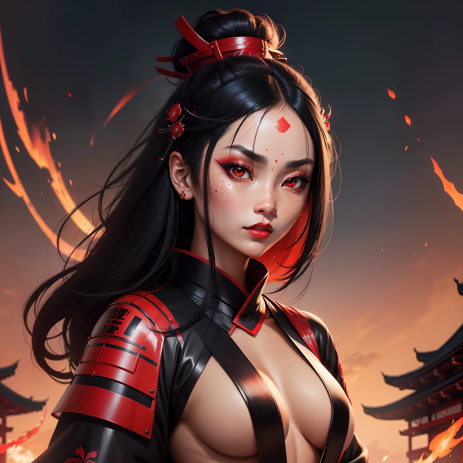 Female samurai warrior, jet black hair, dark skinned tanned, red black, bright moon, freckles on the face, red lipstick, full body, no extra hair, diamond shaped face, cover top, black eyeballs, geisha warrior, brown tan skinned, sexy hair style, extravagant outfit