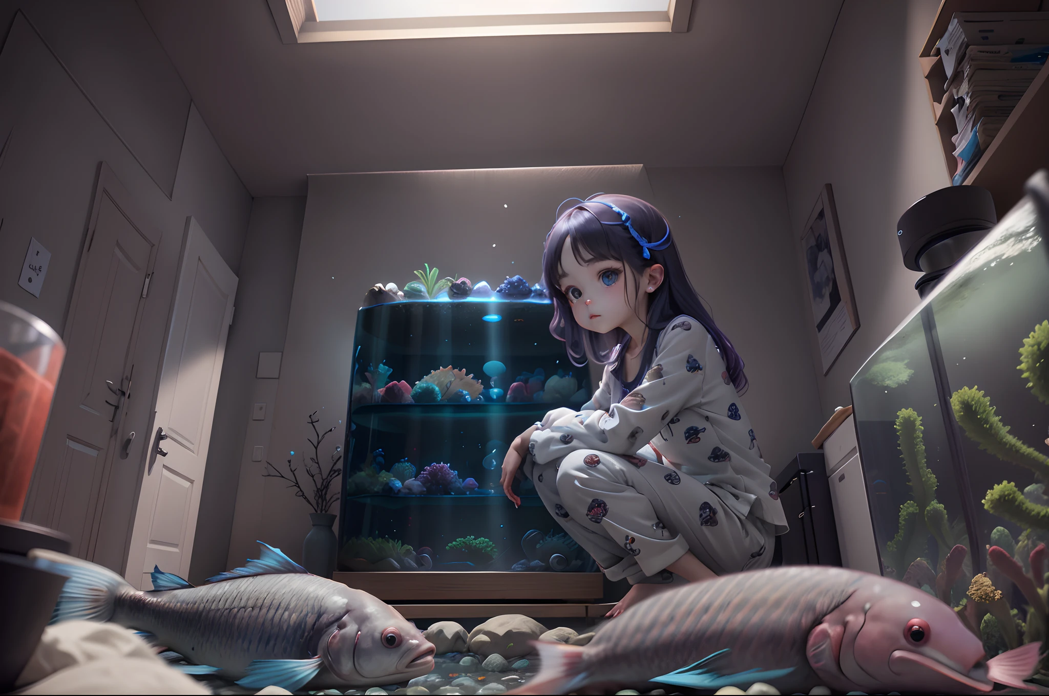The pure girl squats next to the fish tank in her pajamas