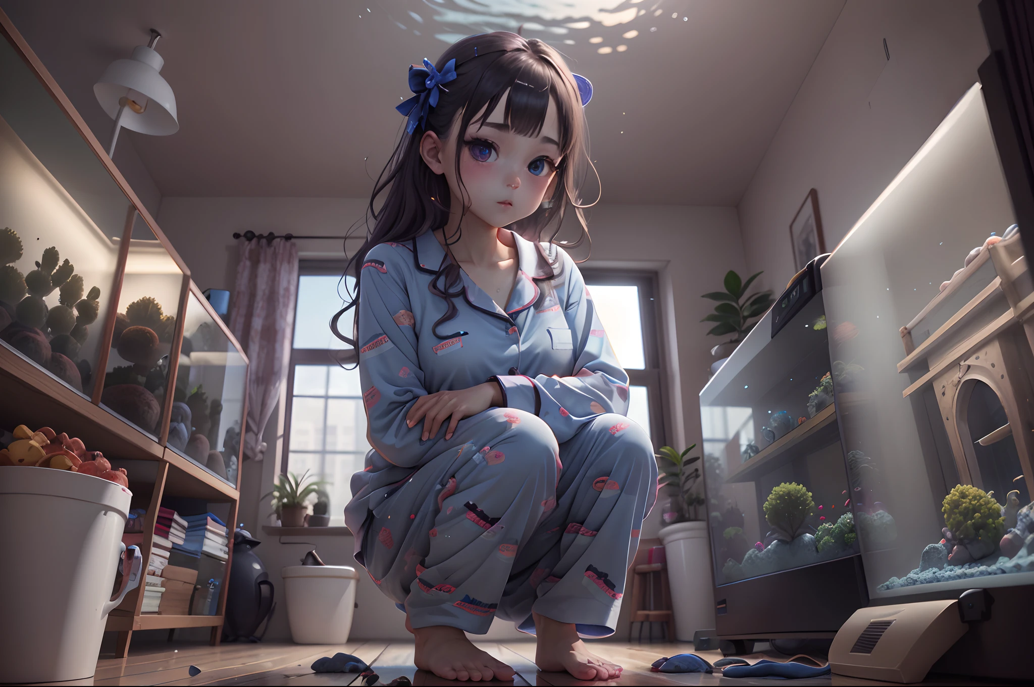 The pure girl squats next to the fish tank in her pajamas