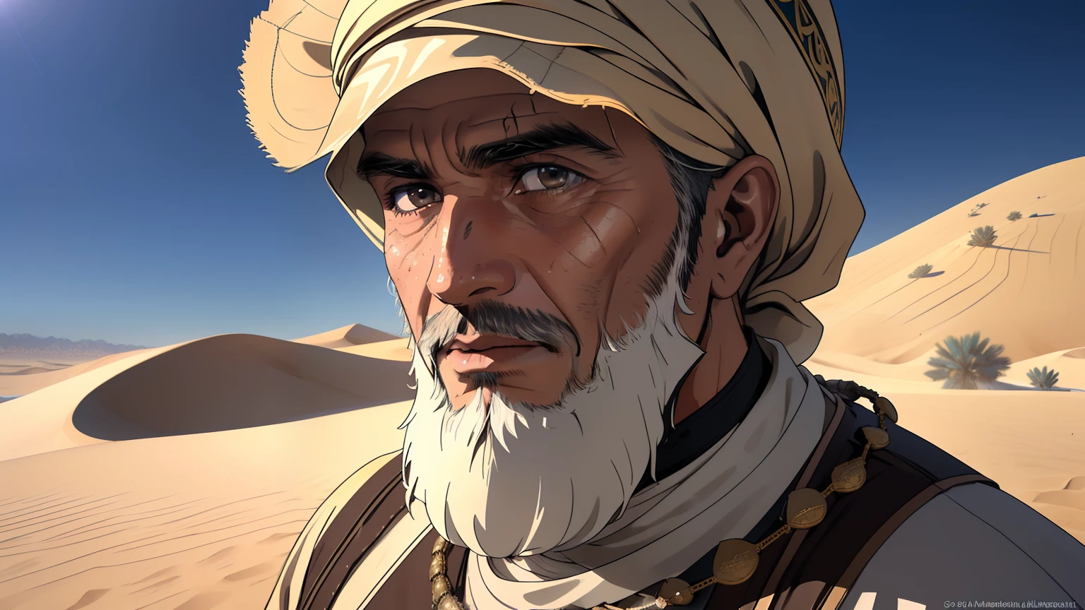 (8k ultra-realistic) (detailed image) (masterpiece) (superb quality) As (mature man) Amir ( Islamic clothing) (detailed face, braved the harsh desert terrain, his determination and courage were put to the ultimate test.