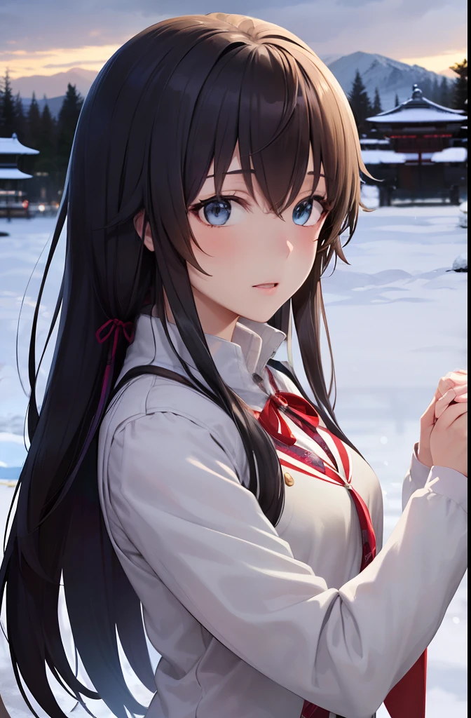 1girll，tmasterpiece，8k wallpaper，nffsw，Shaders，Details are in place，Works with excellent texture，snow mountains，Temple fairs are held，I was holding hands，The act of prayer，Temple Fairs of Japan，Warm color palette，lanthanum，Untie the coat，There are dynamics，Warm，black colored hair，The character is Yukino Yukinoshita，From anime《There's really something wrong with my youth love story》，Half realistic, full body