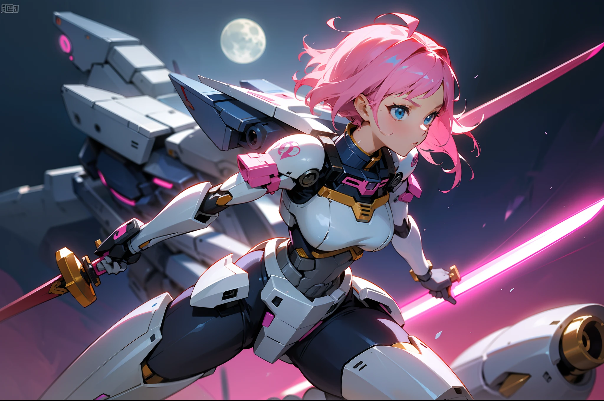 Mecha warrior,Pink-haired girl,Armed with a short sword,Wearing blue armor,sense of science and technology,Moonlight close-up,nigth