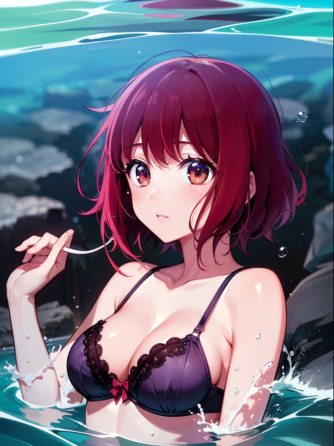 (((Kana Arima))), (((float in the water))), ((bra very)), Angle from directly above, Water droplets on the body, The highest image quality, hightquality, high detailing, 超A high resolution, 8K, depth of fields, Cinematography, intricate detailes, Elaborate, meticulous, Magnificent, Maximum Detail, Extreme beauty