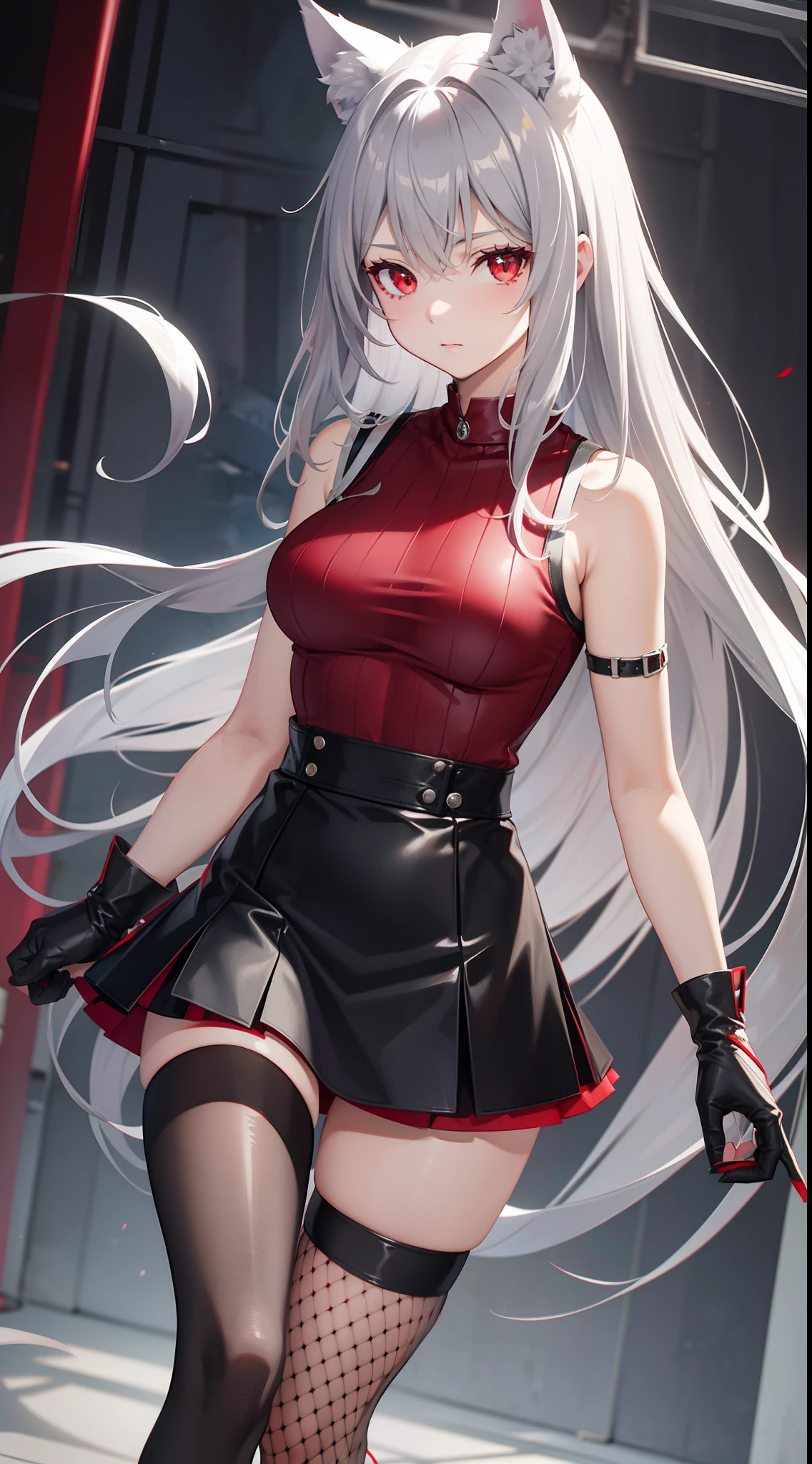 White and red gradient hair、long hair、Flowing Hair、One Girl、cute、Black bustier、Skinny jeans、