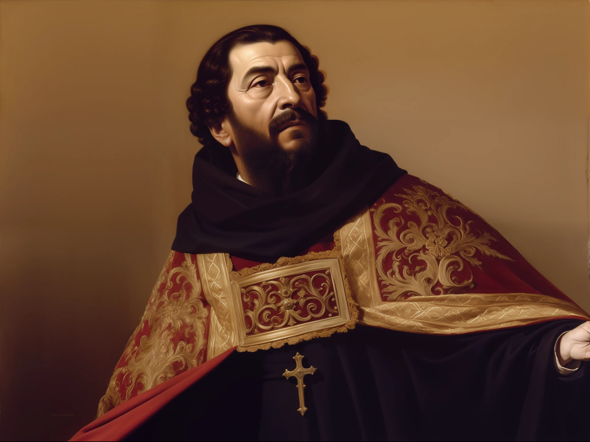 um close up de uma pintura de um homem com uma cruz, Francisco de Zurbaran, Directed by: Francisco de Zurbarán, portrait of saint of the pit, Retrato gracioso santo, Santo ortodoxo, christian saint rosace, inspired by Thomas Aquinas Daly, Directed by: Francisco de Burgos Mantilla, Directed by: Cristofano Allori, Directed by: Antonio de la Gandara, santo agostinho, photorealismo, portrait, hair details, old man, homem barbudo, 4k, dlsr, lens flare