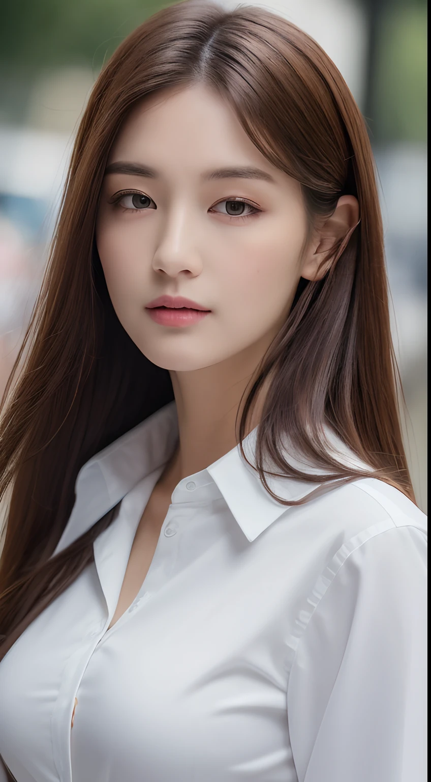 best quality, white skin, real human skin, (detailed fac), oval face, pores, ultra high res, (8k, RAW photo, photorealistic:1.4), 1girl, slim, (looking at viewer with a serene and goddess-like happiness:1.2), ( lipgloss, eyelashes, gloss-face, best quality, ultra highres, Broad lighting, natural shading), oversized jacket, fashion shirt, cityscape,