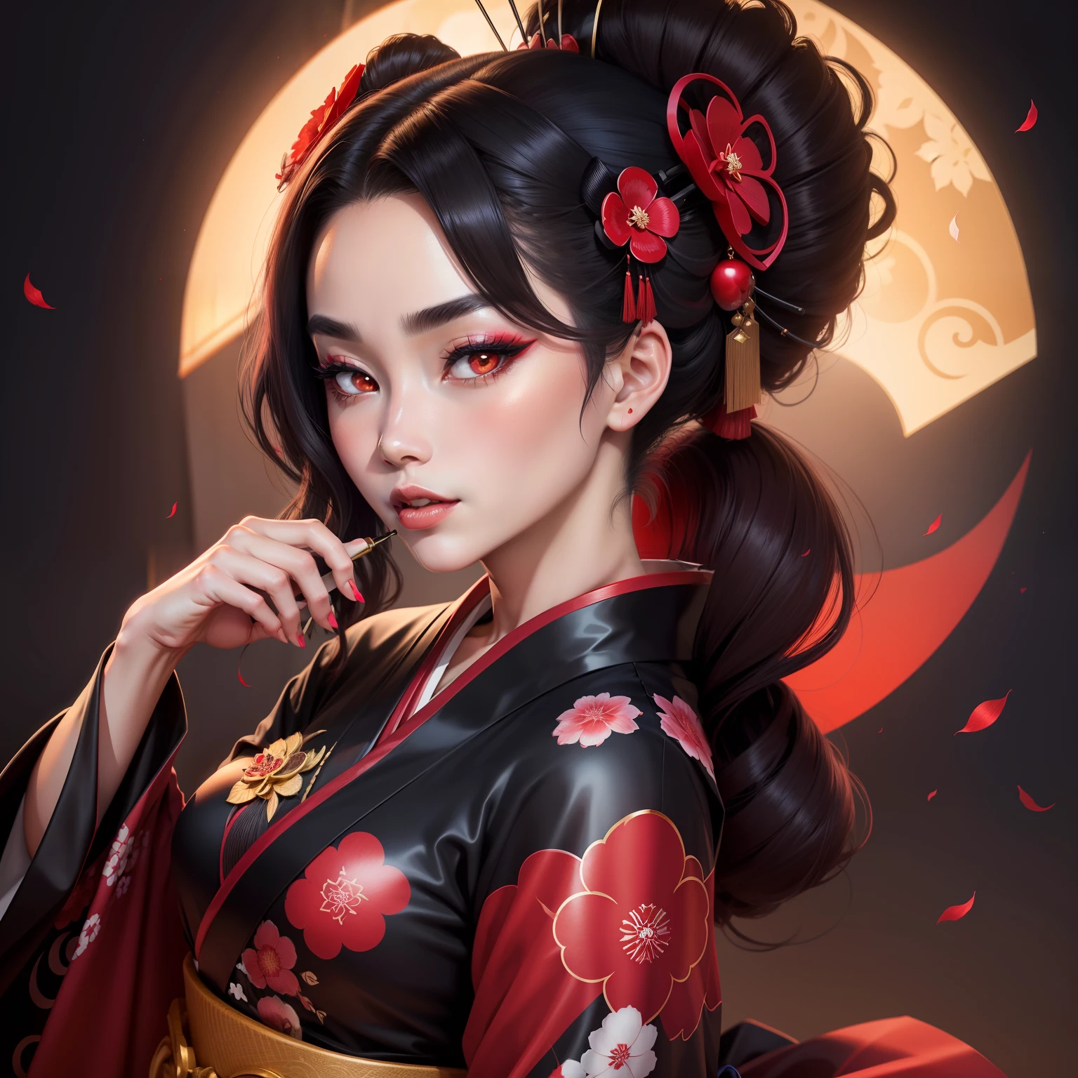 portrait, movie poster composition, a beautiful female cyberpunk Samurai with straight long hair in traditional Kimono, She have Lotus flower in Hairs, She have blind white Fox on her hands, Profile, Yoji Shinkawa and Artgerm style, extremely detailed eyes, Ink painting, bold brushstrokes, Orphism, pattern, Cellular Automata, Concept art, dramatic lighting, red gold black and white, intricate detail, 8k, stylize, post processing, fine paper texture --no hat --ar 2:3 --upbeta --upbeta
