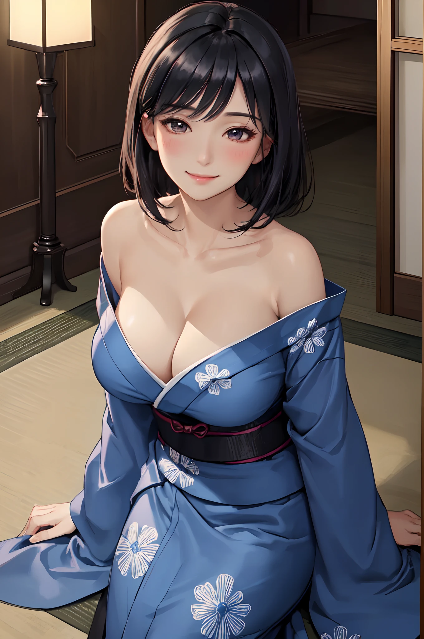 Indoor luxury room, 1 Female Solo Cowboy Shot, maturefemale /(Black medium hair/), Yukata Blue Cross, blush gentle smile, (masterpiece best quality:1.3) Delicate Illustration High Resolution Ultra Detailed Perfect Face Beautiful Skin Big Breasts