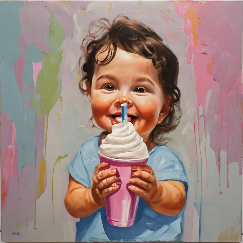 Realistic image of Monica Bellucci as a Cartoon; Boss Baby style eating a Blizzard Ice Cream in a Dairy Queen cup. Hyper realistic quality.
