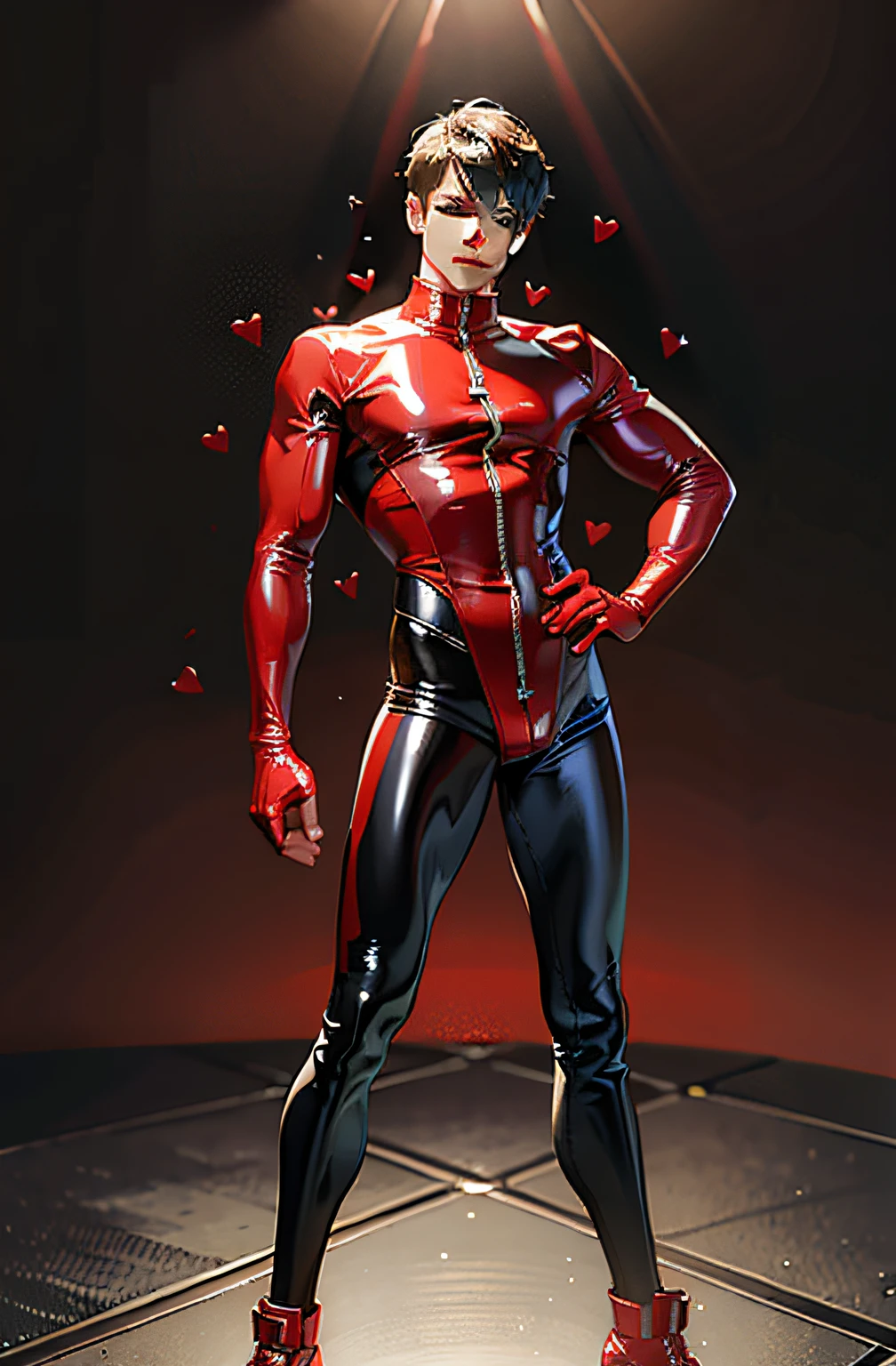 Male succubus,sexy muscular body,standing on your feet,full bodyesbian,Man,Youth,Best quality, crisp quality, Masterpiece, Highest resolution, Highly detailed, Red latex clothing,One-piece latex garment,Tight latex clothing,No zipper,love heart,chest muscle,Full-body muscular figure,night club,mtu,Gay,head to toe,toeless legwear,mitts,