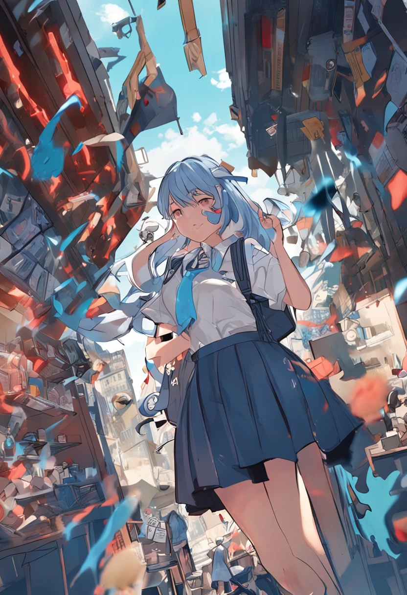 schoolgirls,blue hairs,Big waves,Full body photo,Long legs,Punk style,heroic look