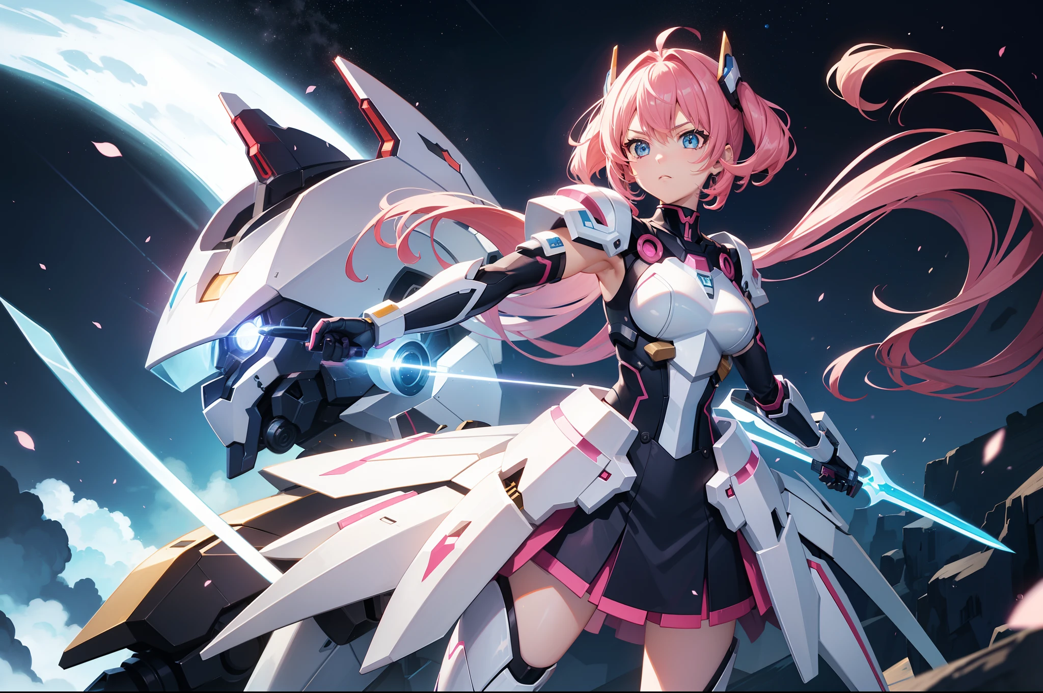 Mecha warrior,Pink-haired girl,Armed with a short sword,Wearing blue armor,sense of science and technology,Moonlight close-up,nigth