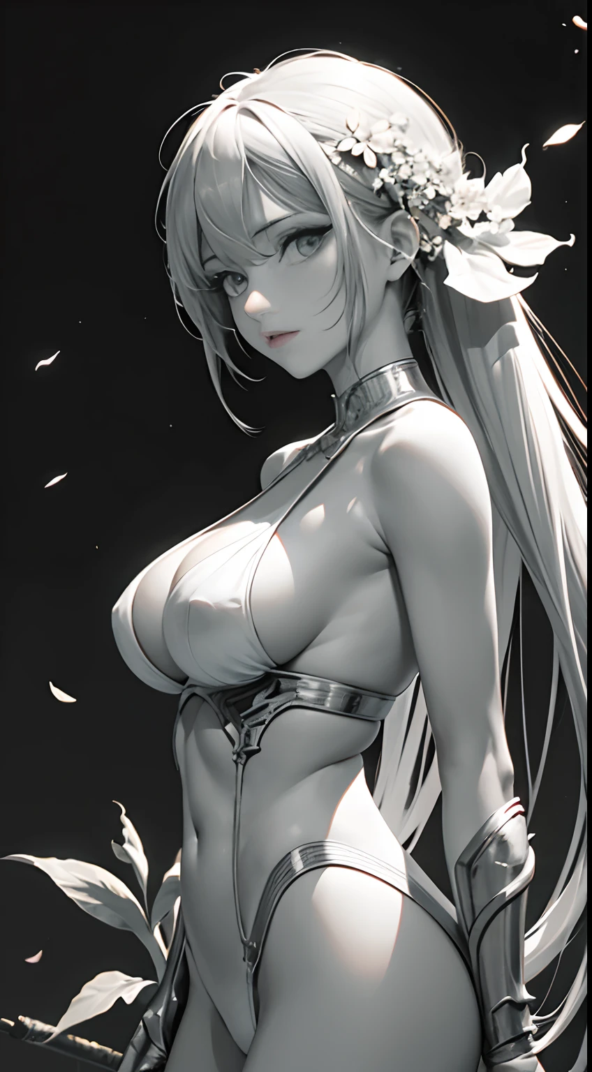 {{{{tmasterpiece}}}}, {{{ultra - detailed}}}, {{{A high resolution}}}, {{Good anatomy}}, (((best qualtiy))), ((very fine and beautiful)), {{Very detailed and refined}}, {8k CG wallpaper}, {{illustratio}}, (greyscale with colored background:1.2), (fundo vermelho:1.15), Ray traching, bokeh, (light particules:1.3), (with light glowing:1.1), (blossoms:1.3), petals, blossoms, (color difference:1.2), a matural female, 1girll, 独奏, (looking at viewert:1.2), in the side, (glowing light eyes:1.2), Heaton 1,Bigboobs,Roman columns
