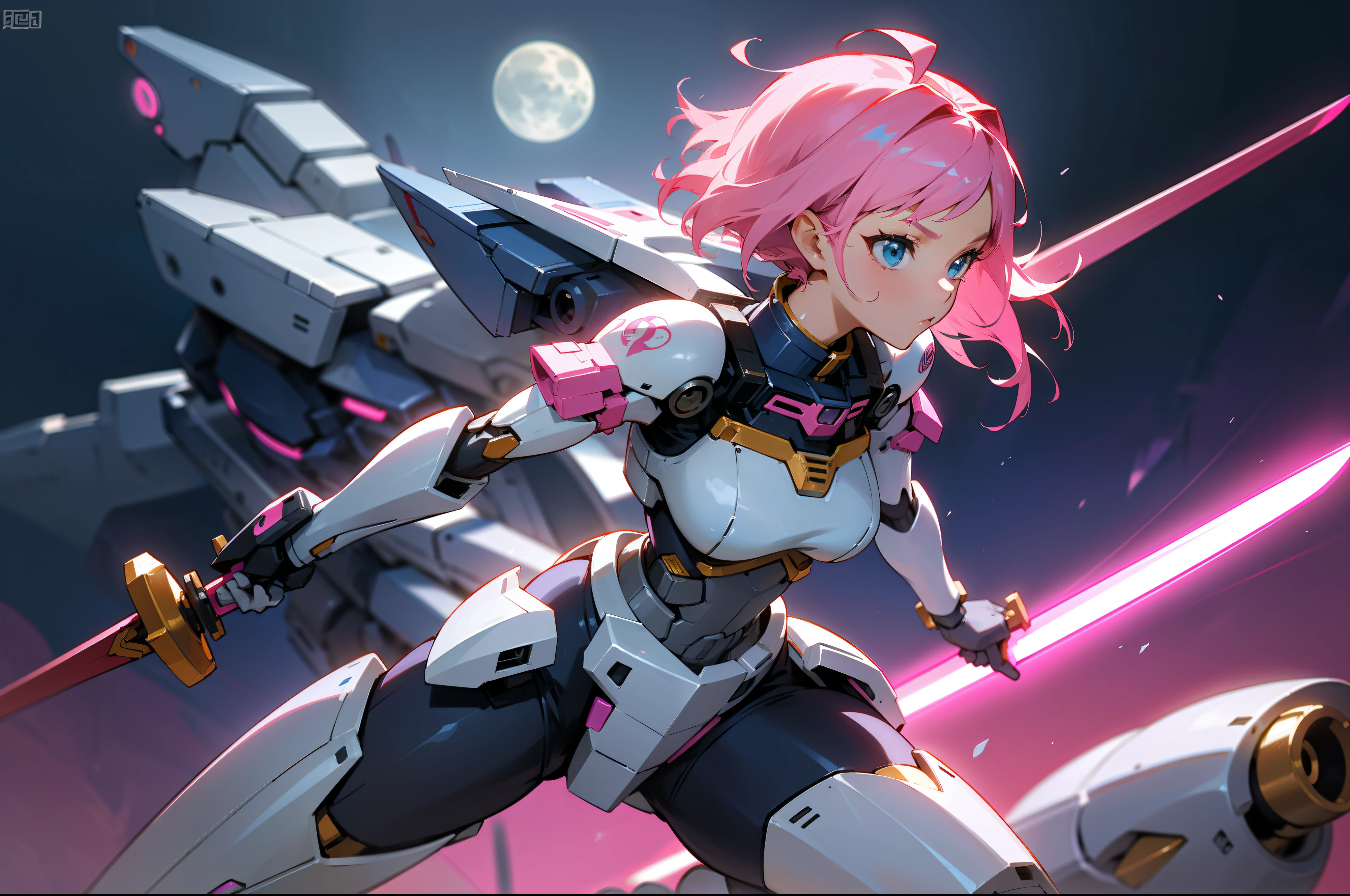 A picture of a beautiful girl robot with a gun, Streamlined pink armor, modern Mecha anime, cool Mecha style, female Mecha, Gundam Armor, Mobile Suit, アニメ Mecha アーマー, # Mecha, 妨害Mecha, Eva Unit 0 in the back, Anime Manga Robot!! Anime Girls, an anime large Mecha robot, Gundam Style