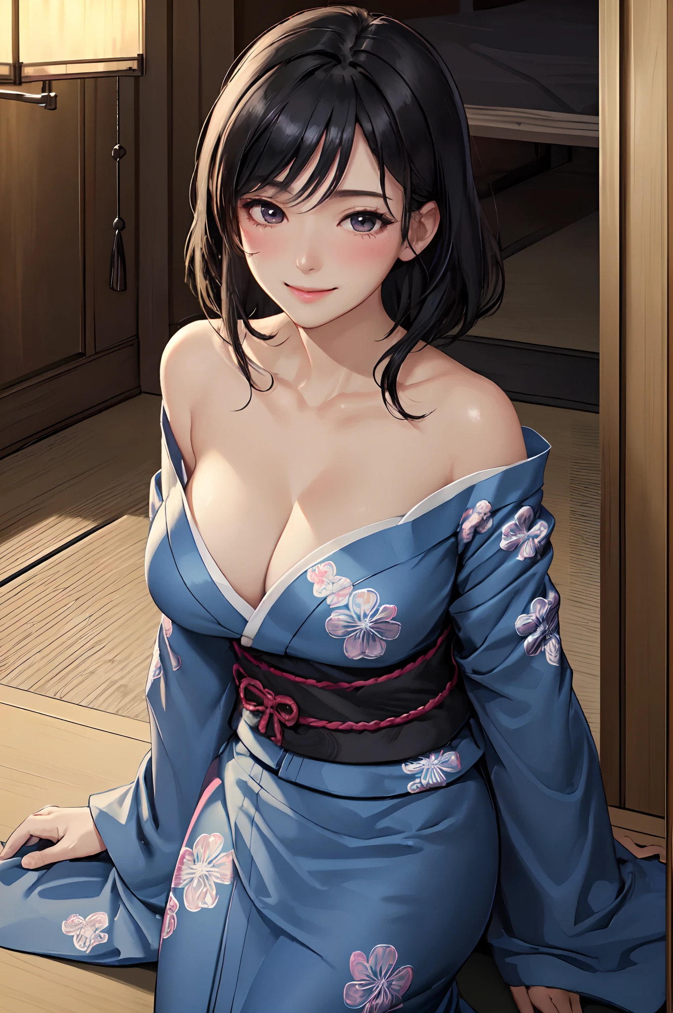 Indoor luxury room, 1 Female Solo Cowboy Shot, maturefemale /(Black medium hair/), Yukata Blue Cross, blush gentle smile, (masterpiece best quality:1.3) Delicate Illustration High Resolution Ultra Detailed Perfect Face Beautiful Skin Big Breasts