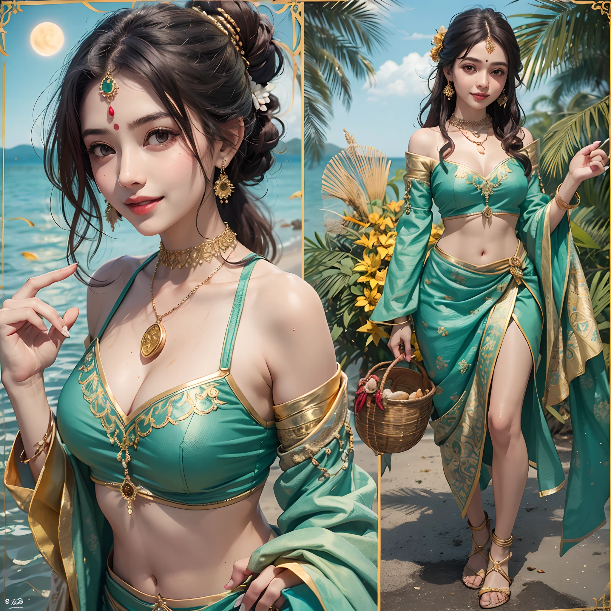 Marathi fisherman girl, wearing U shaped deep neck choli, firm big boobs, deep cleavage visible, colourful choli, wearing green and blue marathi dhoti with golden borders, torso, slender waist, beautiful navel, healthy voluptuous girl, sweat on neck & chest, curvy girl, black-brown hairs, red moon shaped tilak between eyebrows, happy wide smile as happily chatting with friends, beautiful teeth visible while laughing, green bangles in both hands, carrying a basket of fishes, water and sweat drops on waist, on a sea shore, sea on left hand , ambient sun lighting, small gold nose pin in nose, healthy worked out slender waist, hairs tied up, Gajra on hairs, a necklace of sea shells with an ivory pendant in neck, standing in centre, body facing the viewer looking at right side face looking right at little angle, choli tight on chest, no dupatta, big kajal black eyes, wide forehead, worked out neck, collar bone and shoulder frame, golden borders on sleeves