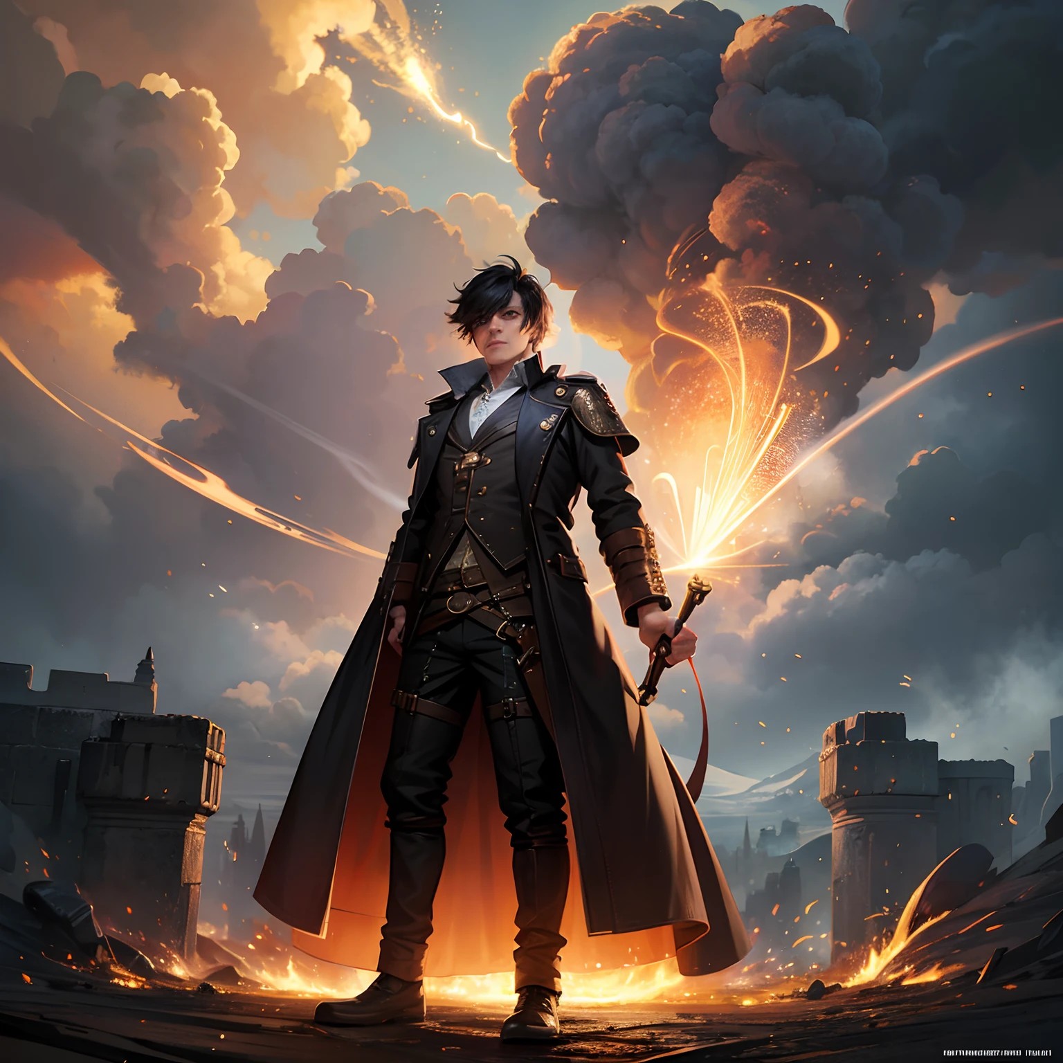 A time traveler emerges from a steampunk-style time machine, surrounded by a cloud of smoke and sparks, digital art --auto