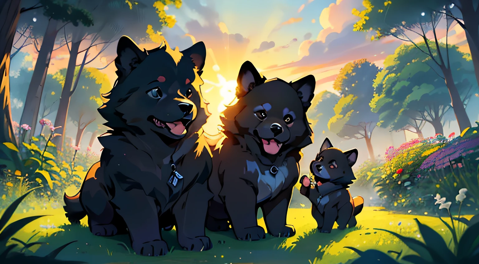 (master part, charming illustration of a cute black Chow Chow puppy in a garden:1.3),
(Captivating representation designed to engage children's imagination:1.2),
(meticulously illustrated with attention to capture the adorable essence of the breed:1.2),
(a flacidez e a cor distintas do filhote de cachorro Chow Chow aumentam sua fofura:1.1),
(Against the backdrop of a sunset in the forest, com cores quentes e suaves:1.1),
(Highlight him and his 3 colorful furry friends admiring the vibrant sunset in the background:1.1),
(Detalhamento meticuloso da pele do filhote, capturando sua textura macia:1.1),
(A portrait that invites children to imagine playful interactions in a cheerful outdoor environment:1.1),
(uma imagem que exala calor, confortar, e a alegria do companheirismo:1.1),
(an illustration that encourages storytelling and creativity through visual exploration:1.1),
(A work of art that captures the innocence and wonder of childhood and the charm of a beloved furry friend:1.1))