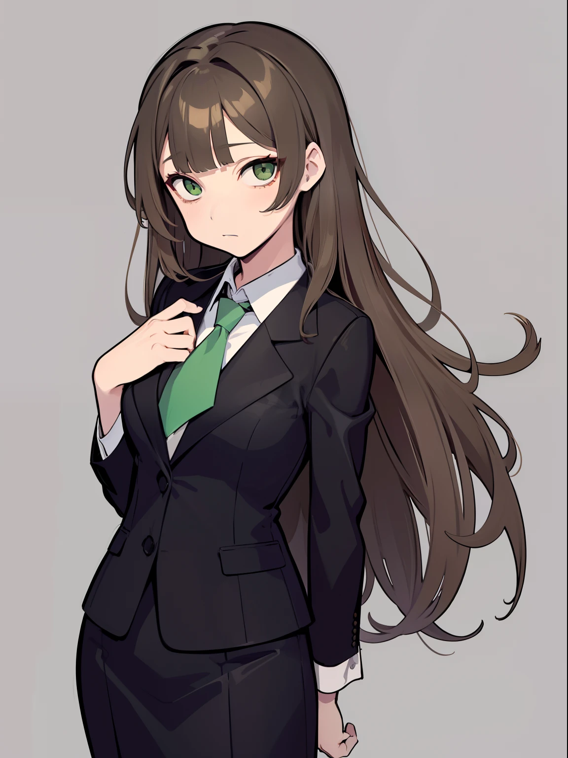 (tmasterpiece)femele,a matural female ,Female teacher,Tall figure,light-brown long hair,Green eyes,M-shaped bangs,Business suit,Fishtail skirt,Professional Dress,Gentle expression,simple backgound,