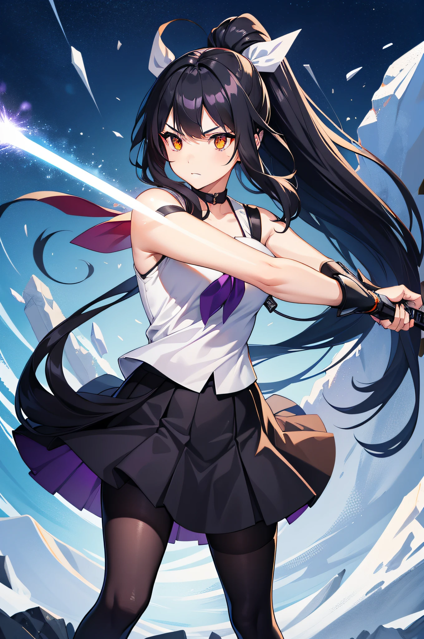 1girl, solo, sakifuwa, very long hair, ponytail, orange eyes, black hair, ahoge, black tights, purple strain of hair, very long skirt, holding weapon, holding sword, attacking, frost effects, frost particles, frost pillars