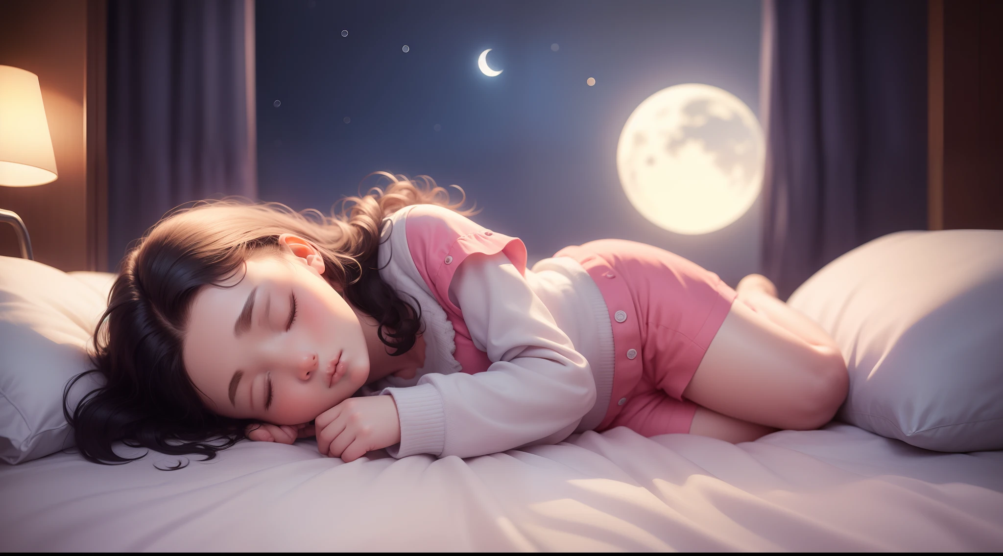The little girl fell asleep in bed，In the distance is the moon，Night，Quiet nights