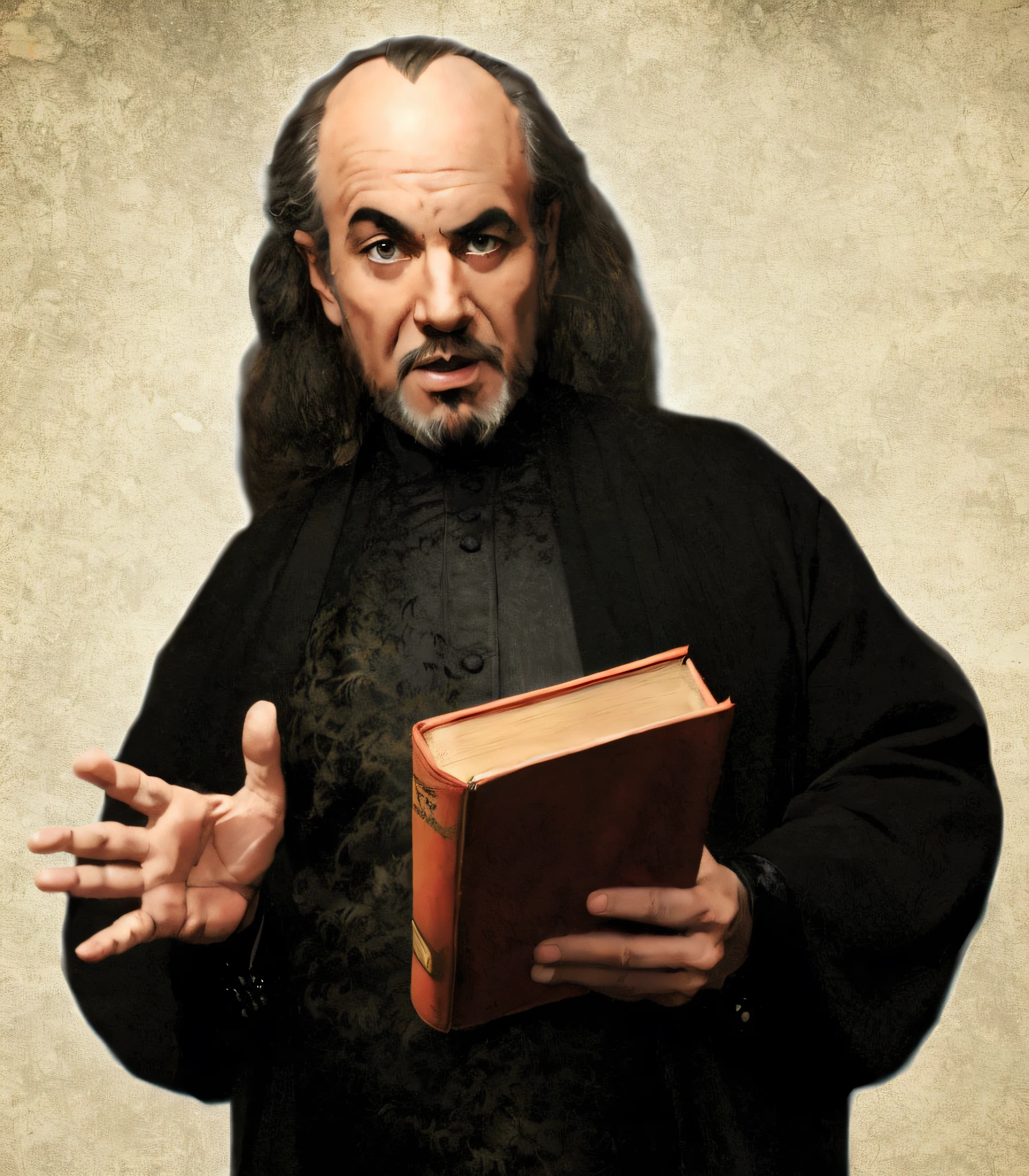 Magician with raised eyebrow, gray tufts on beard, holding a book