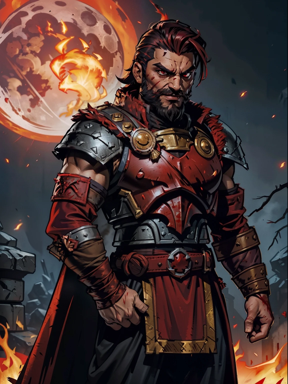 Blood moon background, Darkest Dungeon style, casting fire. Sadurang from Marvel, hunk, buffed physics, short mane hair, mullet, defined face, detailed eyes, short beard, glowing red eyes, dark hair, wily smile, badass, dangerous. Wearing full red armor, ((mail cuirass, scaled sleeves)), cape of furs.