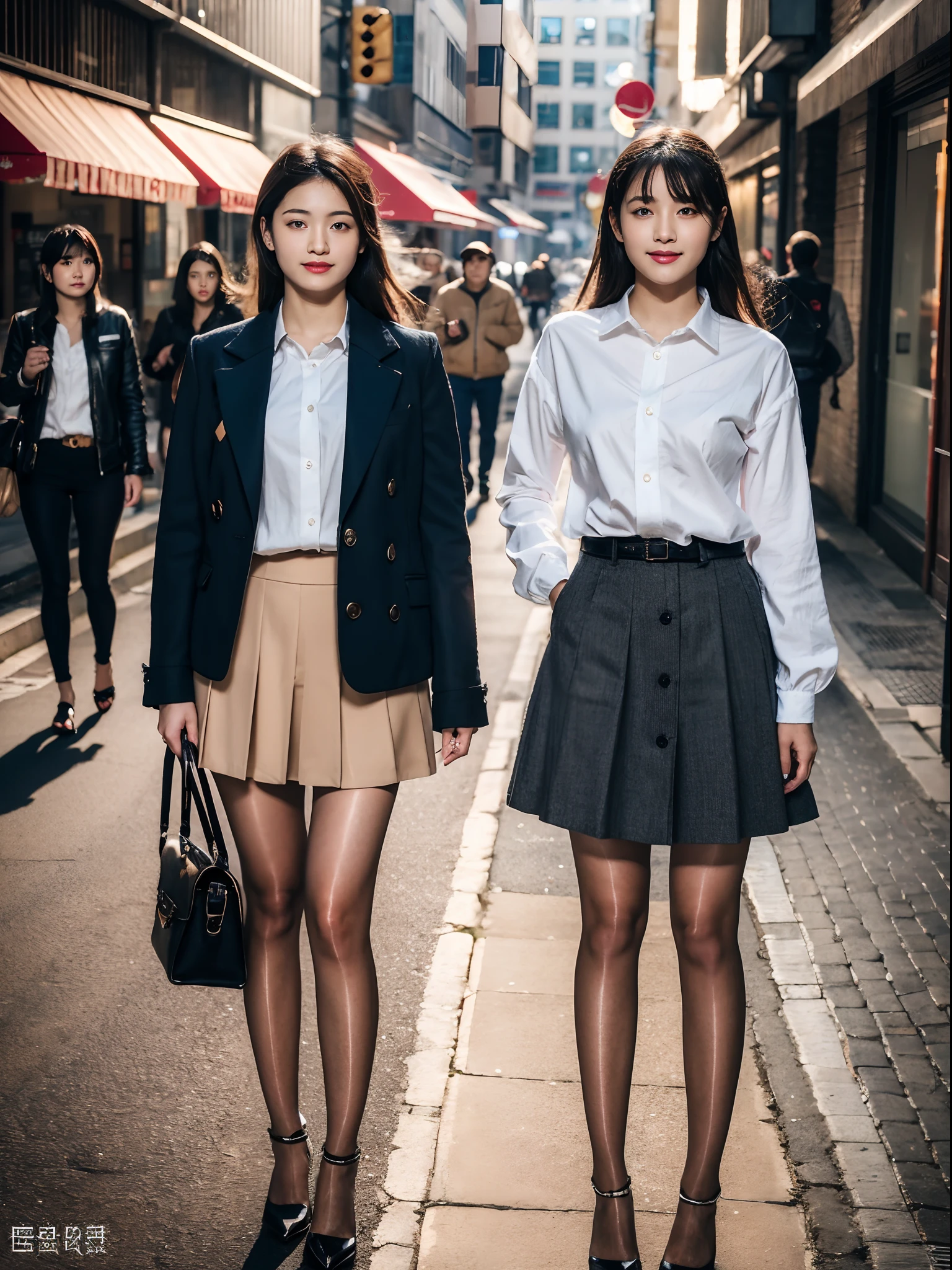 materpiece, best quality, 1girl, brown long hair, hair floating, walk on busy street, sunny day, best fashion