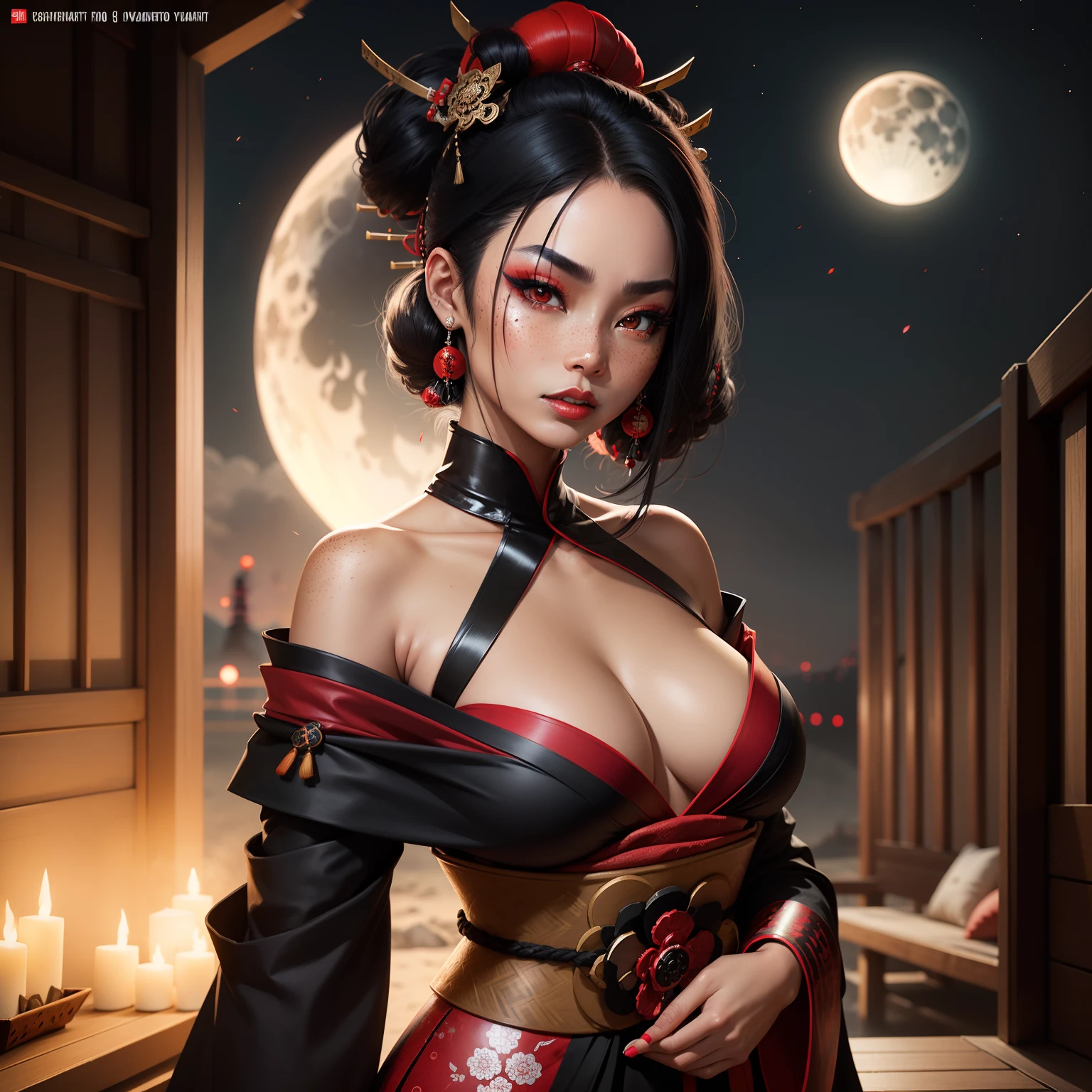 Female samurai warrior, jet black hair, dark skinned tanned, red black, bright moon, freckles on the face, red lipstick, full body, no extra hair, diamond shaped face, cover top, black eyeballs, geisha warrior, brown tan skinned, sexy hair style, extravagant outfit