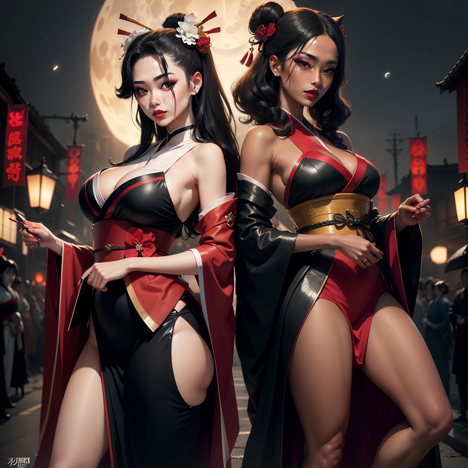 Female samurai warrior, jet black hair, dark skinned tanned, red black, bright moon, freckles on the face, red lipstick, full body, no extra hair, diamond shaped face, cover top, black eyeballs, geisha warrior, brown tan skinned, sexy hair style, extravagant outfit