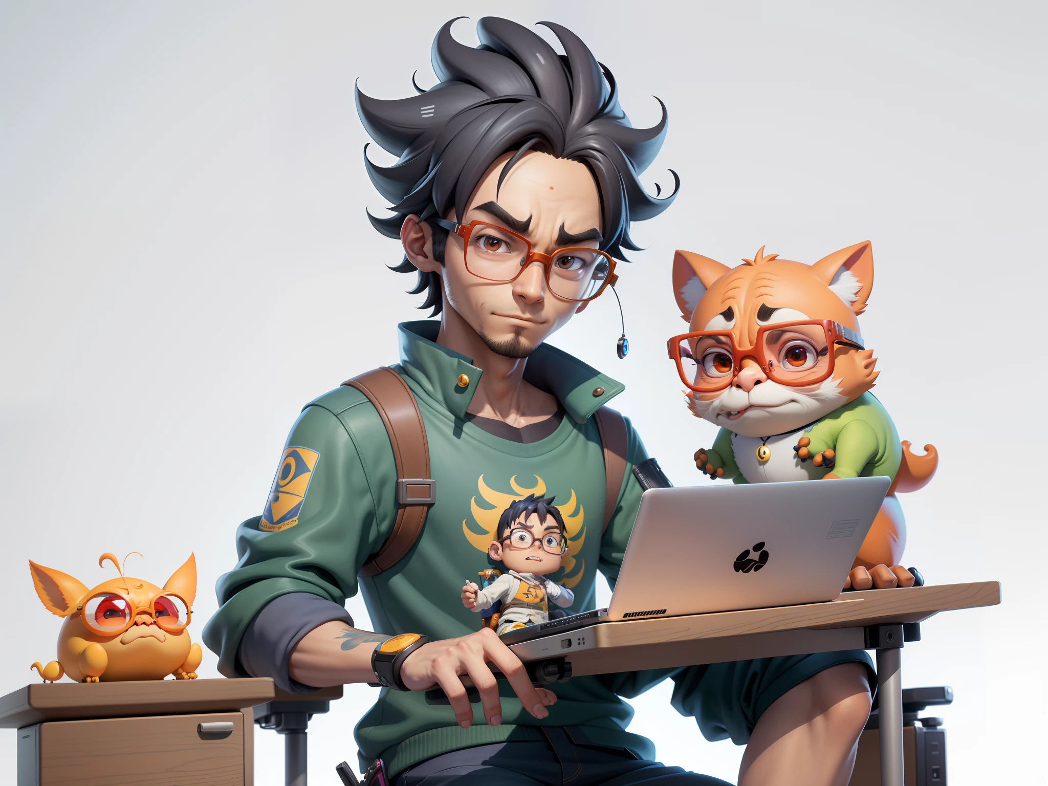 A young man with glasses sits at his desk,holding laptop,digitial painting,3D character design by Mark Clairen and Pixar and Hayao Miyazaki and Akira Toriyama,4K HD illustration,Very detailed facial features and cartoon-style visuals。