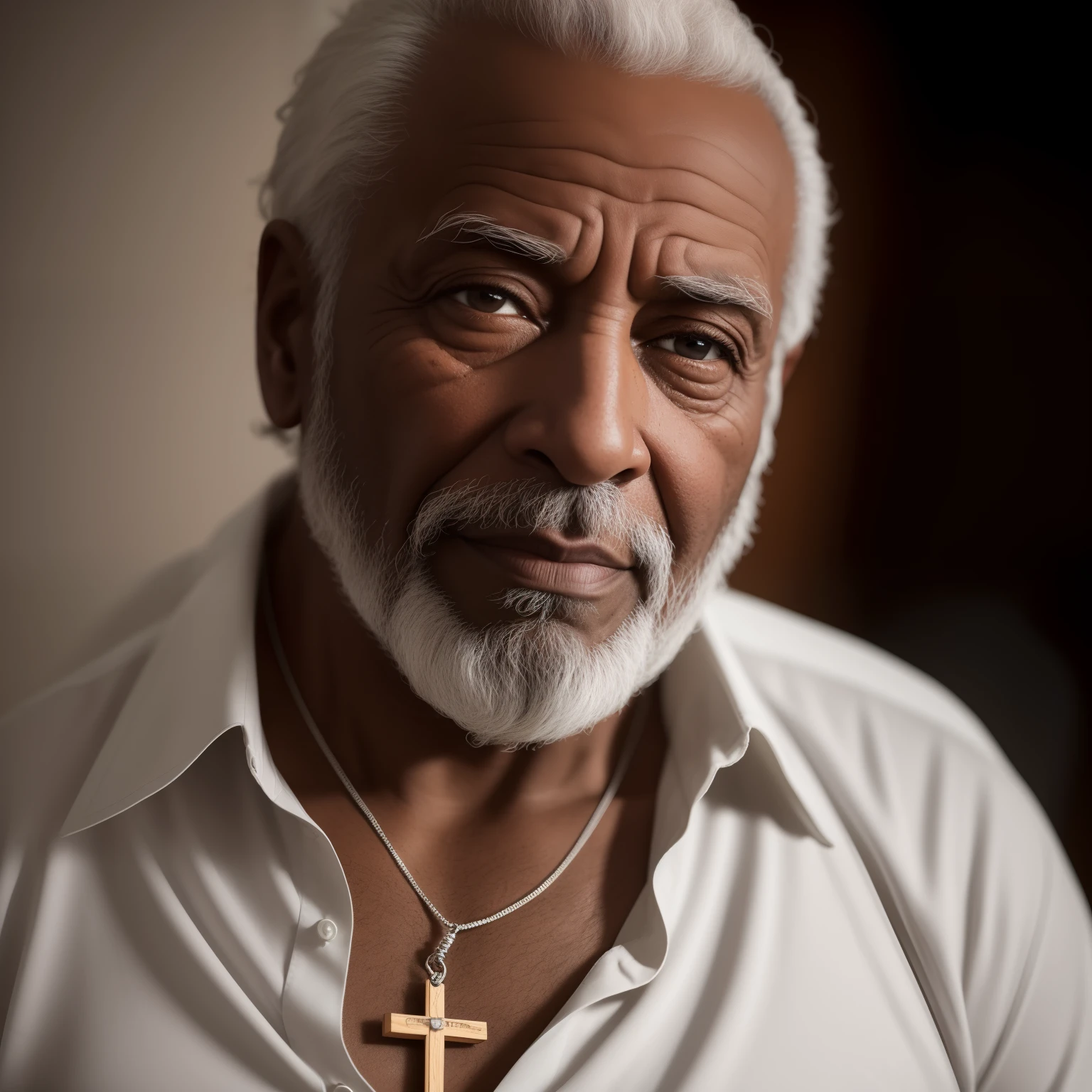 Crie a imagem um homem sexo masculino velho afrodescendente, extremamente perfeito, hiperrealista com a idade de 90 anos, olhos brilhantes, cansados e triste, pele negra, Extremely wrinkled face with suffering appearance and humble short hair, crespo e grisalho, vestindo camisa simples branca velha e russada, very light white clothing with some tears and hole in the fabric with wooden crucifix necklaces with seeds and medal on the neck, rosto com rugas, hands with five fingers sitting on a small brown wooden bench in one of his hands an access candle. The decoration should be dark old clay wall, com luzes e uma atmosfera intimista e religiosa. dramatic lighting, digital art trending on Artstation 8k HD high definition detailed realistic, circunstanciado, textura da pele, hiper detalhado, textura de pele realista, armadura, melhor qualidade, ultra high-resolution, (fotorrealista:1.4), high resolution, circunstanciado, Foto RAW, sharp re, by Lee Jeffries Nikon D850 film Stock Photography 4 Kodak Portra 400 camera F1.6 lens rich colors hyper realistic lifelike texture dramatic lighting unrealengine trending on artstation cinestill 800,